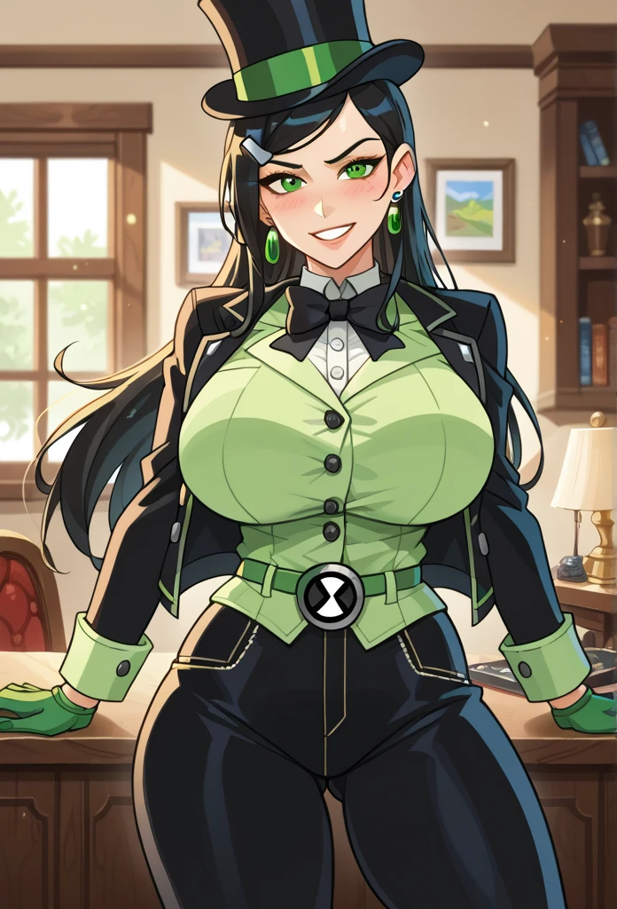 1girl, solo, (masterpiece, best quality:1.4),((best quality)), ((highly detailed)), masterpiece, absurdres, (detailed eyes, deep eyes), bunny girl, green hair, long hair, bangs, emerald eyes, white pupils, thrilled smile, D-cup, full breasts, deep cleavage, rabbit ears, headset, headphone's, ear piece, fake rabbit ears,rabbit tail, green leotard, detached collar, green bow, bare shoulders, black pantyhose, wrist cuffs, excited expression, smiling, teeth, front of the computer doing a Twitch livestream, the girl is a Twitch streamer, Twitch streamer/gamer, Speaking into the microphone, highly detailed background, the microphone is close to the girls head, (Background: Indoors, in a room with green and yellow coloring:1.4, desk, chair, microphone, mouse, keyboard, There are multiple computer monitors), sitting on a chair, depth of field, UHD, masterpiece, best quality