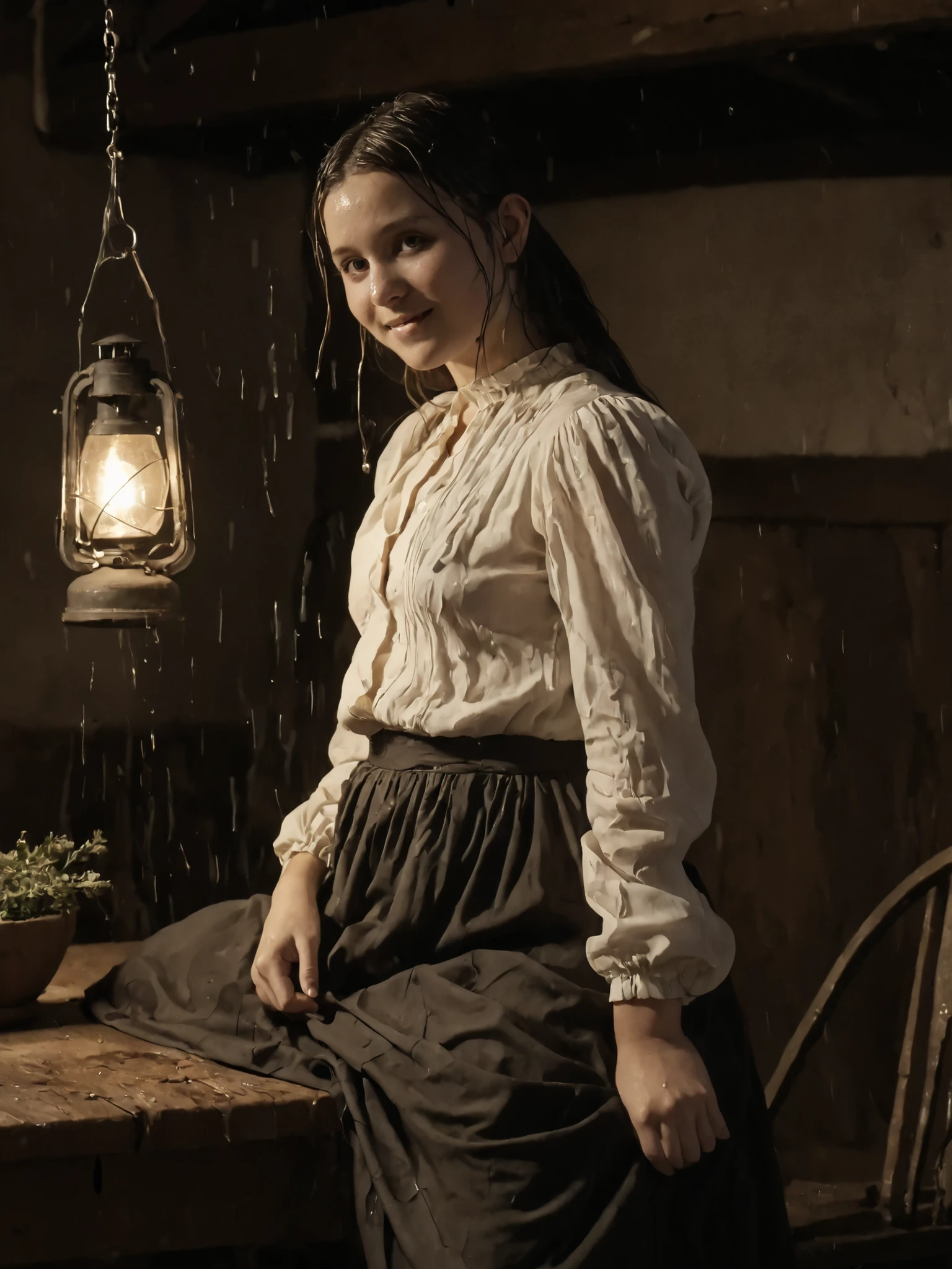 late 19th century American frontier (skinny young girl is nearby deep forest), gathered her family, sepia tone, faded colors, heavy film grain, scratched and creased edges, soft vignetting, slight blur, high contrast, vintage silver gelatin print style, full‑body view of a seductive pioneer (skinny young girl), (small breasts), hidden crotch, fitted calico dress with plunging neckline and thigh‑high slit, off‑shoulder puff sleeves revealing bare shoulders, tousled finger‑wave hair, sun‑kissed glowing skin with subtle sheen, candid slice‑of‑life moment not looking at camera, surrounding rustic objects: cast‑iron pot on hearth, hanging dried herbs, wooden bucket, horse‑drawn wagon in background, rolling prairie beyond, earthy muted palette with warm highlights, cinematic soft focus, slight film grain, no modern elements, (thighs, long skirt, thighs, (her only one large areola are sticking out of her cheap looking see through blouse)), angle from side, below, slightly slender frame, raise thigh, leaning table, (playful smile), ((standing in the heavy rain, dark outside, wet)), (((grinding her groin against a corner of a table))),
at dark night during heavy rain, raindrops streaking diagonally, wet surfaces reflecting dim lantern glow, puddles with ripples, slight mist, dark sky, distant lightning flashes giving brief rim light, moody atmospheric feel