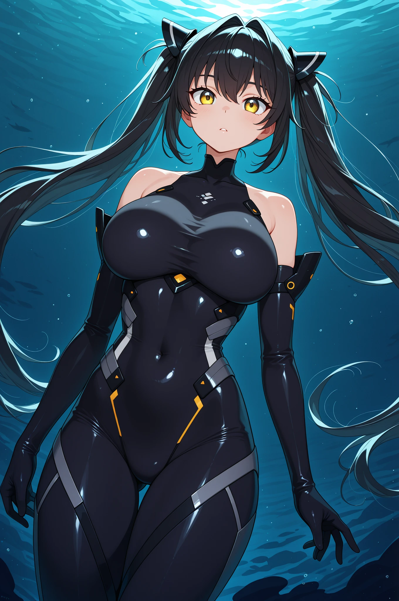 masterpiece, best quality, very aesthetic, absurdres, 1girl, mature_lady, hands cover breasts, upper body,,shimohira_reika(gantz), 1girl, blue_eyes, breasts, large_breasts, brown_hair, long_hair, gantz_suit, black_bodysuit, bracelet, covered_navel, thighhighs_over_bodysuit, lights,under sea,floating_clothes