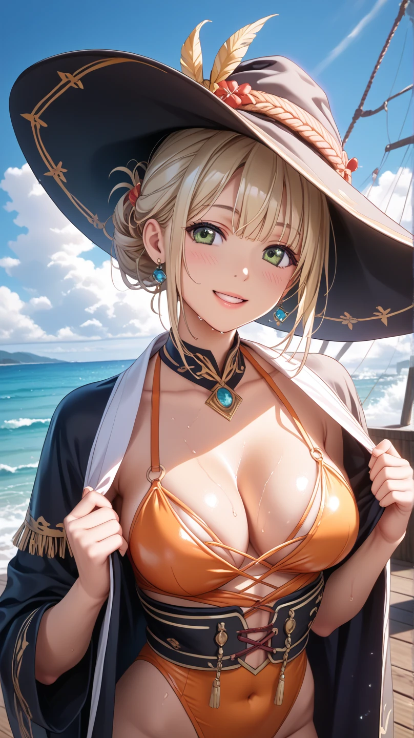 Anime girl in bikini holding pizza and pumpkin, Enchanting anime girl, Highly detailed art gems, Golden one-piece swimsuit, artstation pixivでトレンド, Also, maAlso kitagawa fanart, Art Station pixiv&#39;s artgerm, beautiful alluAlsog anime woman, Anime Goddess, At the Beach, Pixiv 3DCG, At the Beach