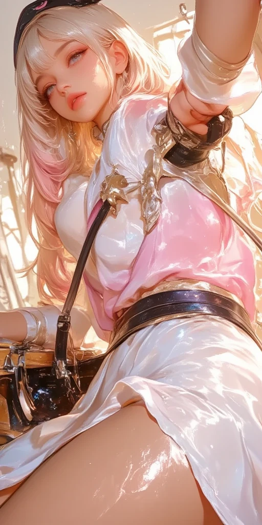 A female empress, short white hair, with yellow eyes, red nails, mostrando os peitos, legs open showing pussy, with an angry face and a provocative look, mouth open with tongue out. Wearing traditional Chinese imperial clothing, decorated in gold with black details, with red Hanafuda earrings, with a short red skirt. On your knees on a hotel room bed with a penis in your pussy, with a sunset in the window in the background.