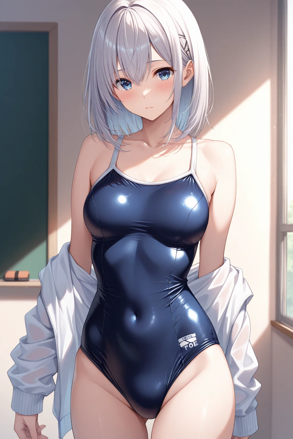 score_9, score_8_up, score_7_up, masterpiece, best quality, absurdres, 8k wallpaper, source_anime, uncensored, anime artwork, anime style, anime coloring, studio anime, megami magazine,
BREAK 1girl, solo, nogizaka, pose, smile, School swimsuit, mansuji, , silver hair,ponytails,blue eyes,
shiny skin, detailed skin, detailed face, detailed eyes,blush,
cowboy shot,