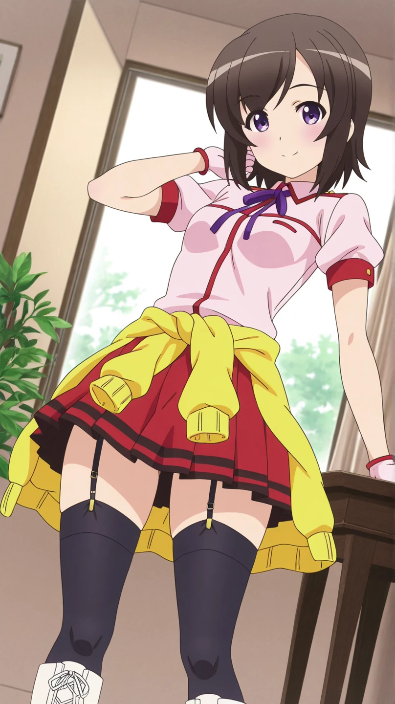 (masterpiece, best quality, very aesthetic, absurdres, ultra-detailed:1.2), anime painted, megami magazine, mid, 1girl, hanekawa tsubasa, monogatari \(series\), black hair, long hair, hairclip, twin braids, yellow hair ribbon, purple eyes, long eyelashes, glasses, round eyewear, under-rim eyewear, huge breasts, (school uniform:1.0), (naoetsu high school uniform:1.0), pink shirt, two-tone shirt, red collar, collared shirt, puffy sleeves, juliet sleeves, long sleeves, black ribbon, purple skirt, pleated skirt, black socks, brown loafers, surprised, embarrassed, blush, tears, standing, arms behind head, wind, wind lift, skirt lift, layered skirt, white lace skirt, pantyshot, white sexy panties, detailed lace panties, side-tie panties, full body, from front, simple background