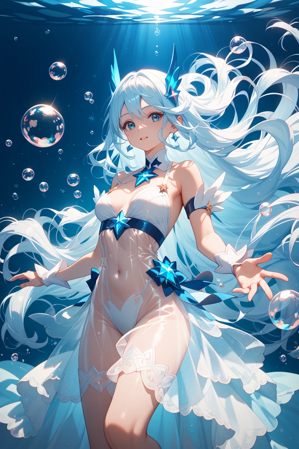 (masterpiece, best quality, ultra high resolution),1 woman,Beautiful and detailed face, detailed eyes,(Jellyfish Girl),at the beach,Surrounded by rocks with magical carvings.,dinner,((gray and blue theme))