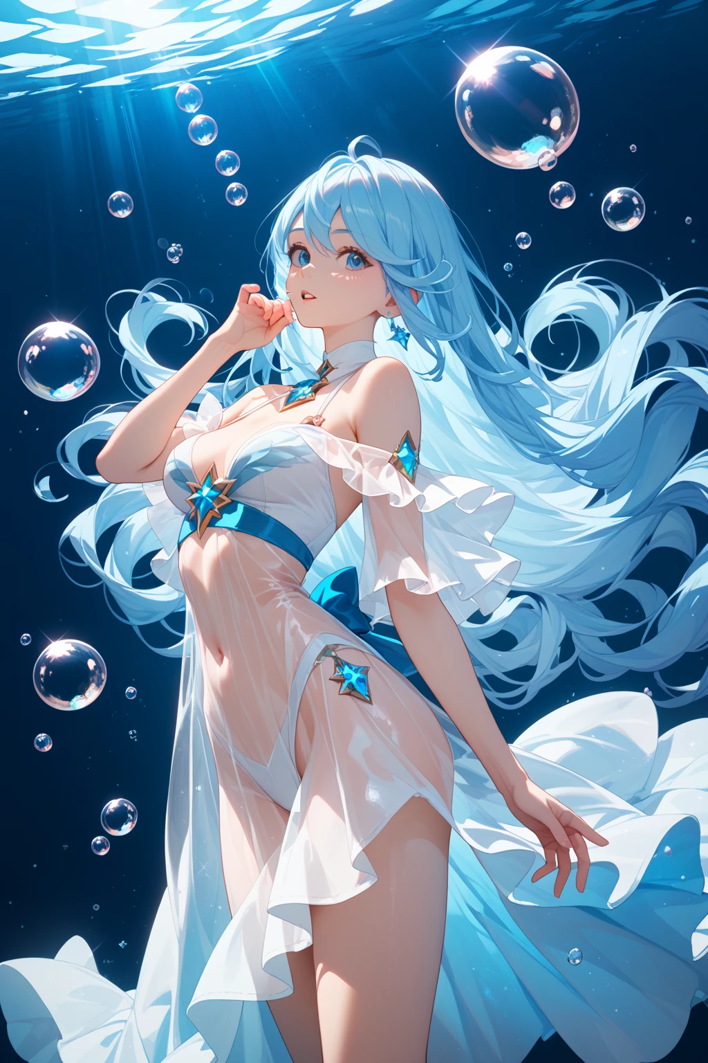 １woman、Reincarnation of Jellyfish、Soft and sexy、 the best allure, HDTV, 　Light mint green hair、Straight Hair、Long Hair、Thin eyebrows、Sparkling eyes、Moist lips、round face、A translucent costume inspired by jellyfish、sophisticated outfit、smiling full of compassion、The ornaments made of jellyfish-like material are attached all over its body.、Open Mouth、leaning forward, close up shot, squeezing her chest, perfect proportion, kissing