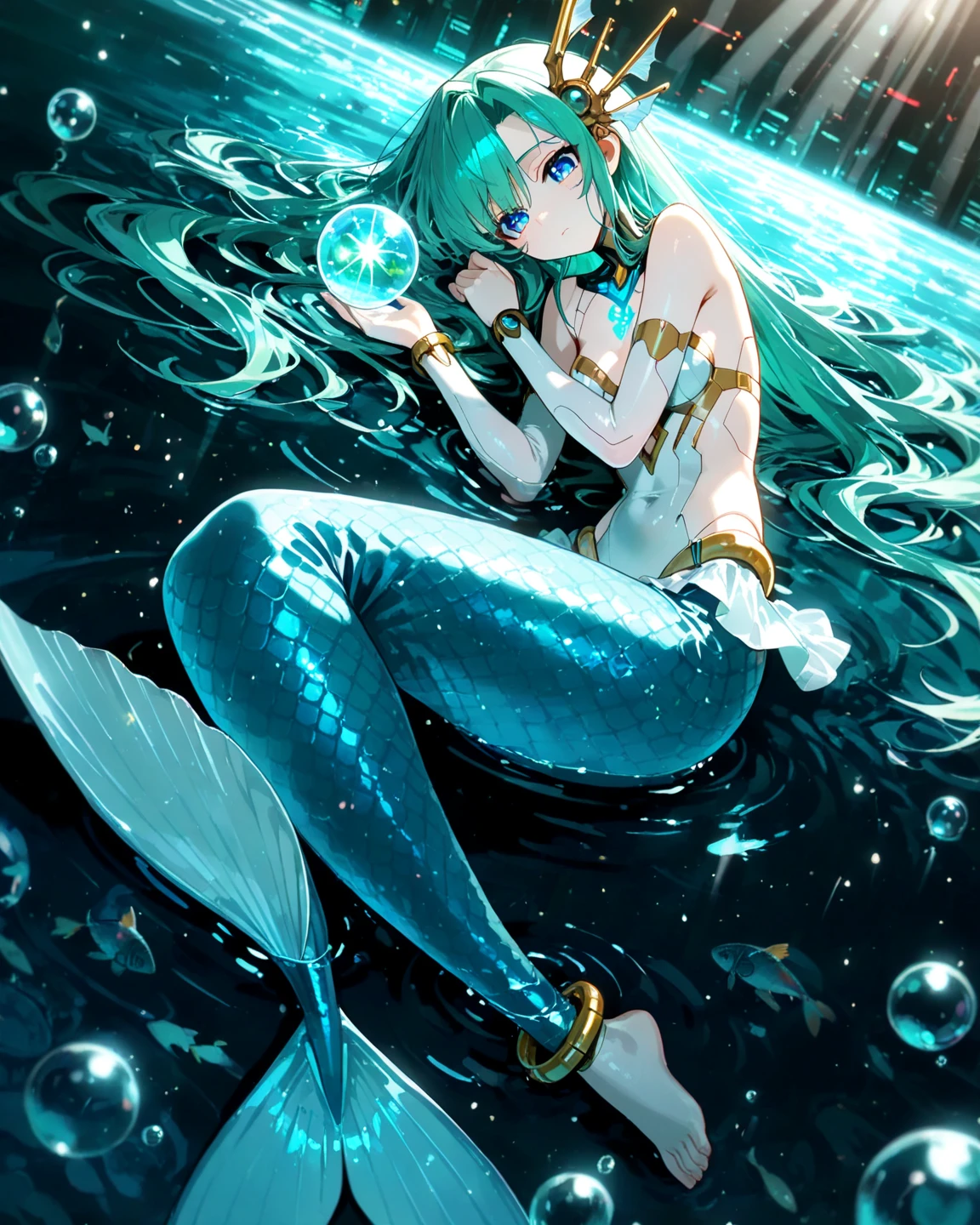 1girl, 8k, (masterpiece,  best quality, fantastic lighting:1.2), (isometric:1.5), full body, [from above], an photo of a cute girl, houshou hanon,  (a tiny mermaid sitting, seiza,  inside a glass  complete sphere filled up water:1.3), in container, aquarium, (tropical fishes:1.1), on table, at night,  indoors, detailed background,
BREAK
 <lora:houshou_hanon_v1:0.7> ho1, long hair, blue hair, gloves, star (symbol), necklace, earrings, star hair ornament, shell underwear, flat chest, 
 cheerful, smile,  looking at viewer, phgls, <lora:flat2:-0.6> <lora:bottle2:1>
