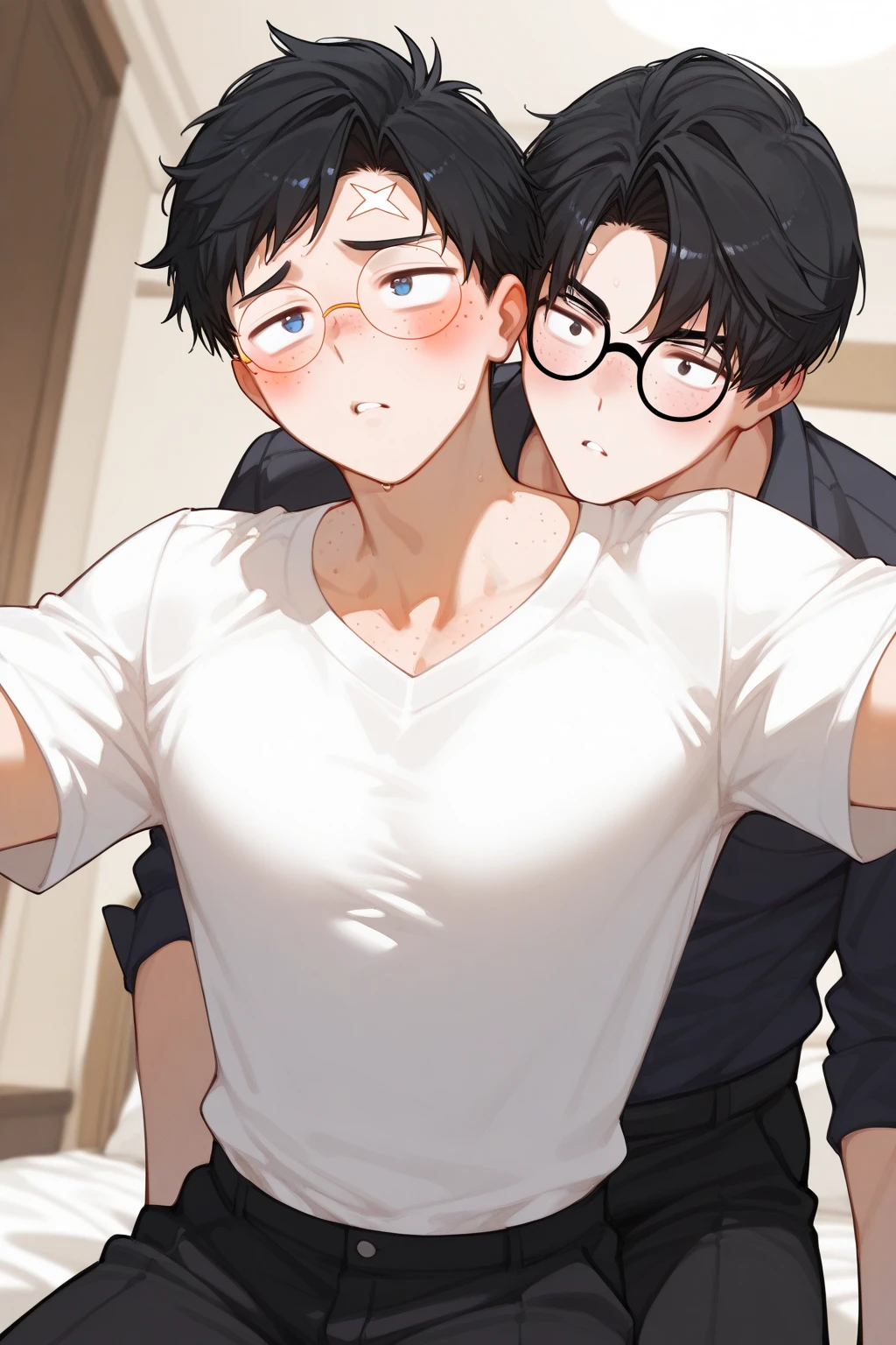 NSFW:1.9 Naked:1.9 Side view composition (Kissing face, pouting lips),BREAK,(Nerdy young man, short hair, black hair, glasses, sweat, excitement, blushing) 