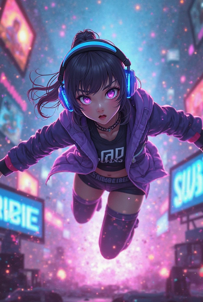 One Girl，A girl squatting alone and looking to the side，Wearing a pastel colored hoodie，Eye color is aurora，Different left and right eye colors，wearing high-end headphones，There are a lot of earphones too., music meter, Adjustment device, And the strings attached to clothes.，It has a lot of earphone jacks、Wearing robot-like clothes.，Playing electric guitar，Generated in anime style，