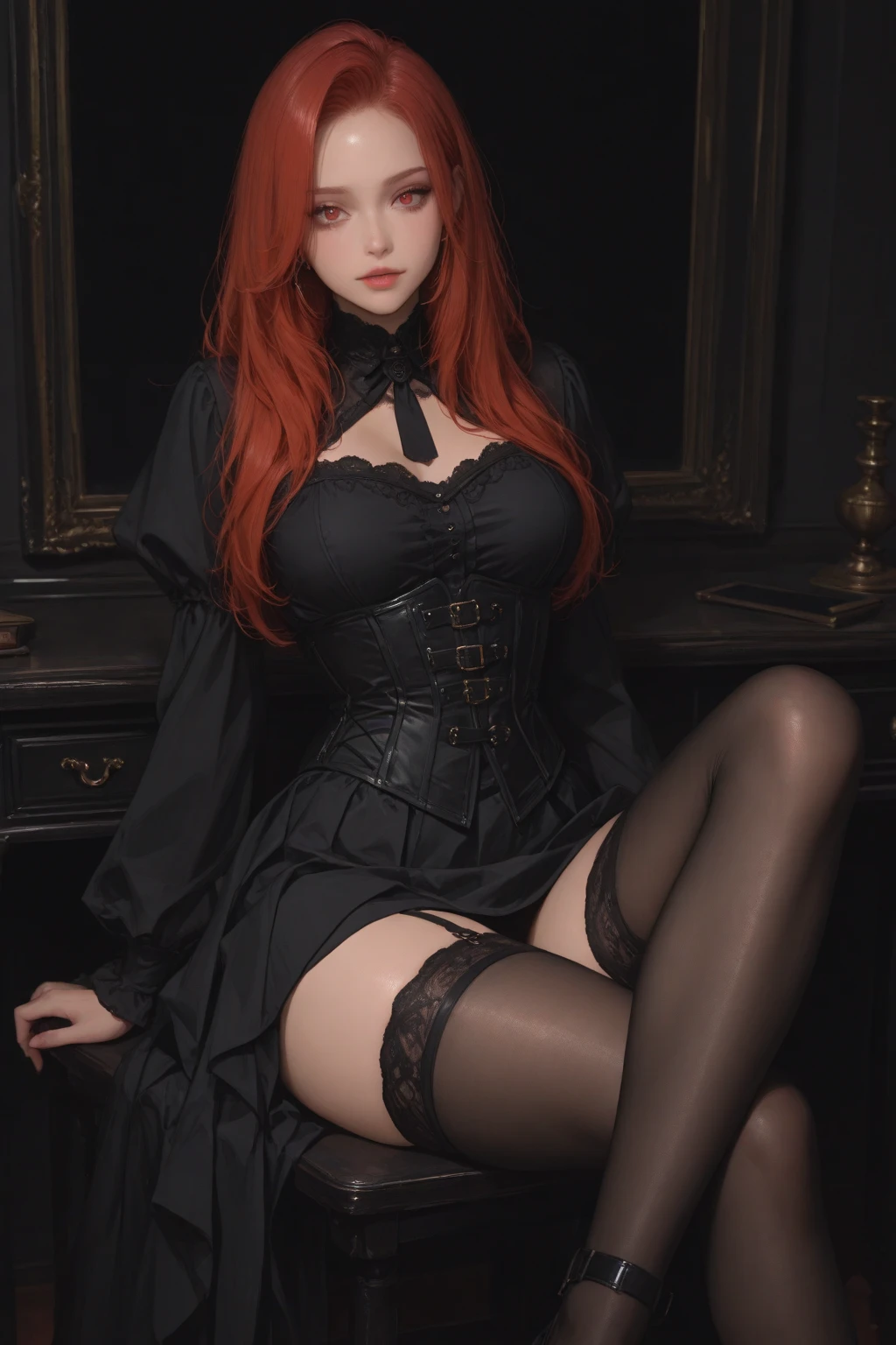 a very beautiful attractive slender succubus woman, large bust, wide hips, with red hair with black highlights, long ponytail, reddish brown eyes, maple bodice with black laces with lace, black skirt with tail, large bat wings, curved maple horns , bottom of a bed in a room with poor lighting