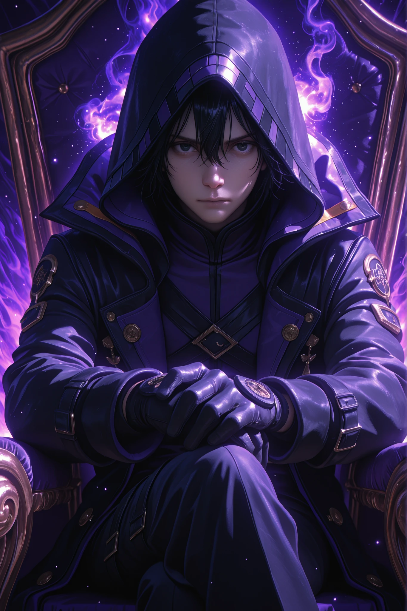 cid kagenou \(Eminenece in Shadow\), black hair, 1boy, hair between eyes, male focus, black eyes, gloves, long sleeves, black gloves, hood, coat, black pants, hood up, black coat,
Hype4realistic, Realistic, Ultra-Realistic, 748cmstyle, close up, looking to the viewer, sitting on a throne, hands on throne's arm, crossed legs, Eyes with a reflection of stars. Eyes with a deep Red glow. Eyes with a rainbow-like sheen. Glowing purple smoke envelops the surroundings. Glowing purple particles. A tranquil, dark landscape illuminated solely by the ethereal glow of countless stars above dust particles. Fantasy style, vibrant colors, and dramatic lighting. A glowing dark purple light positioned close to the foreground radiating a mysterious aura. Ambient occlusion. Masterpiece, best quality, amazing quality.