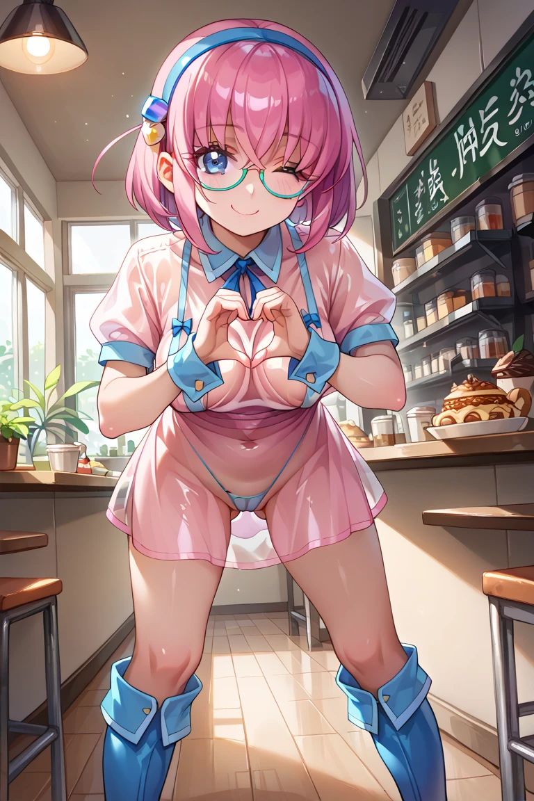 score_9_up, score_8_up, score_7_up, dirty japanese ntr style, uncensored, blue eyes, glasses, pink hair, double ponytails hairstyle, massive breasts, perky nipples, sweaty, sweatdrop, humiliation smile, smiling, gloves, 1boy, small penis, small penis humiliation, pink gloves, school uniform, serafuku, clothed female nude male, penis, speech bubble, gloved handjob, ruler, indoors, best quality, high quality