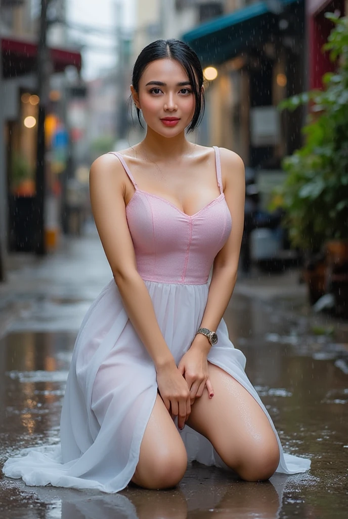 big breasts, round breasts, wearing bra inside ao dai, slim figure, beautiful figure, big breasts, long straight hair, ((sharp 8k quality photo)), ((details of beautiful, sharp face, face balanced) cho)), ((beautiful breasts, exposed cleavage, plump body), (( beautiful sparkling eyes, sharp eye details, beautiful face, balanced eyes)), (( sitting in the rain big body, wet ao dai, exposed breasts)), ((super beautiful body with high details, tight body, big bust and slim waist)), ((round breasts, exposed chest, tight bare chest, nude) ), ((it's raining heavily, there's no sunshine))