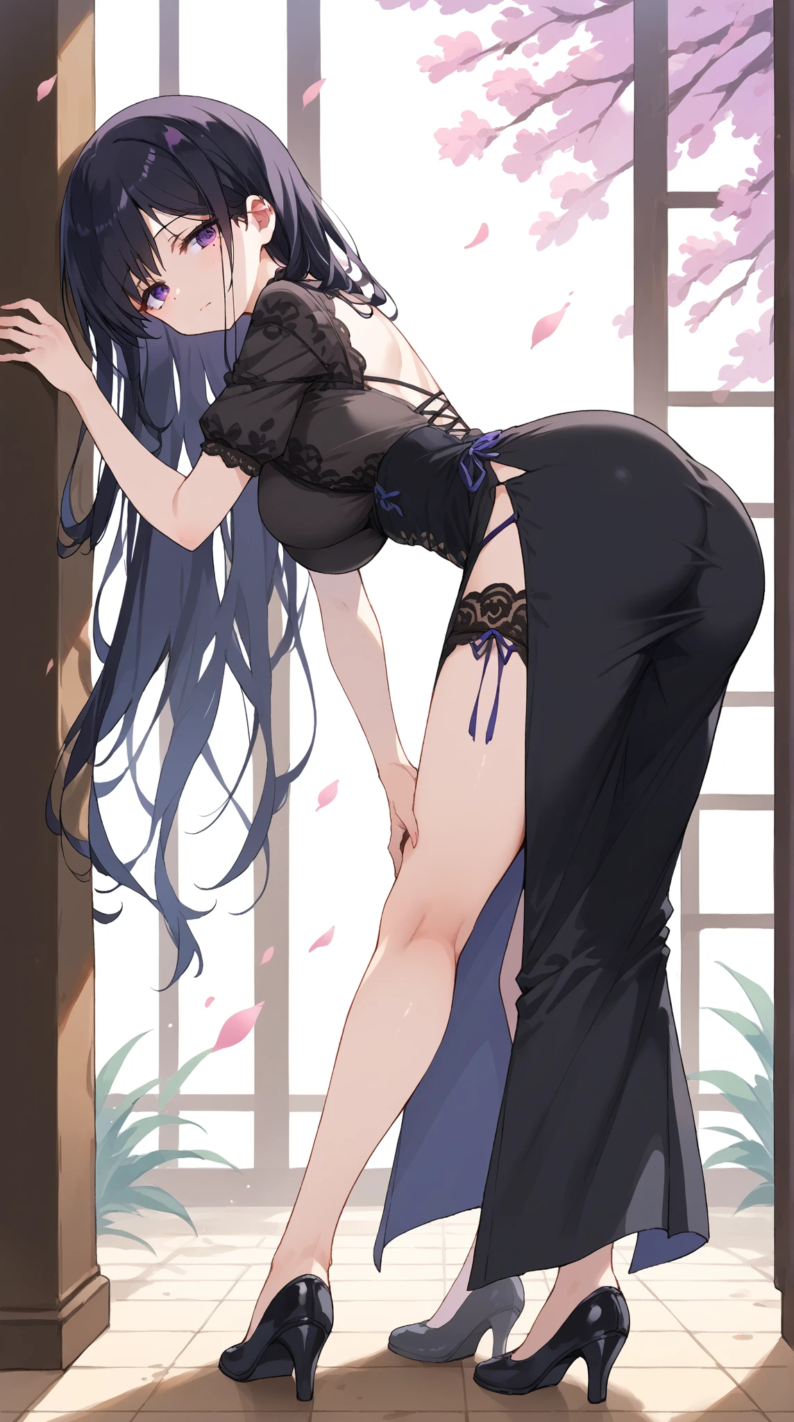 Anime girl with long black hair and purple dress posing in front of mirror, seductive anime girls, beautiful anime girl crouching, beautiful and seductive anime woman, Fine details. Girl Front, Guviz, Extremely detailed Artgerm, Guweiz on ArtStation Pixiv, Guweiz in Pixiv ArtStation, from girls frontline