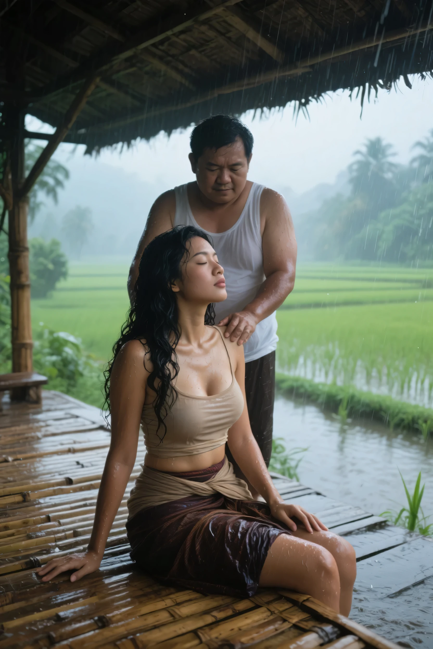 deetha, realistic full body shot photo of sexy bare 23 year old Javanese girl with 32B breast size, wet hait, sweat skin, smooth white skin, naked, messy black hair, slightly curvy body, masturbate, blowjob, penis inserted to her open mouth, wide creamy pussy, split, thighs open, open crotch, wet, piss, peeing, squirting, creampie dripping vagina, flirting, lying on bed with flowers, passion with lust satisfying expression and passionate face at the camera, seducing pose. high quality photos, perfect face, perfect anatomy, perfect hands, hyperrealistic, excellent lighting, realistic photo, UHD, 16K.
