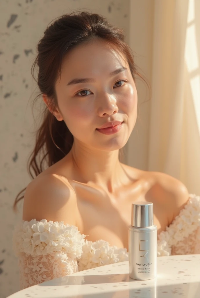 1 Female-centered, Beautiful female model holding cosmetic bottle in hand, wearing a white shirt, Model's skin is healthy and clean, And the cosmetic bottle shines luxuriously, Skin Care, flower, cosmetic advertising photo, clean atmosphere, in a studio, Filmed with a HASSELBLAD camera, medium format, dramatic lighting, luxury brand cosmetics