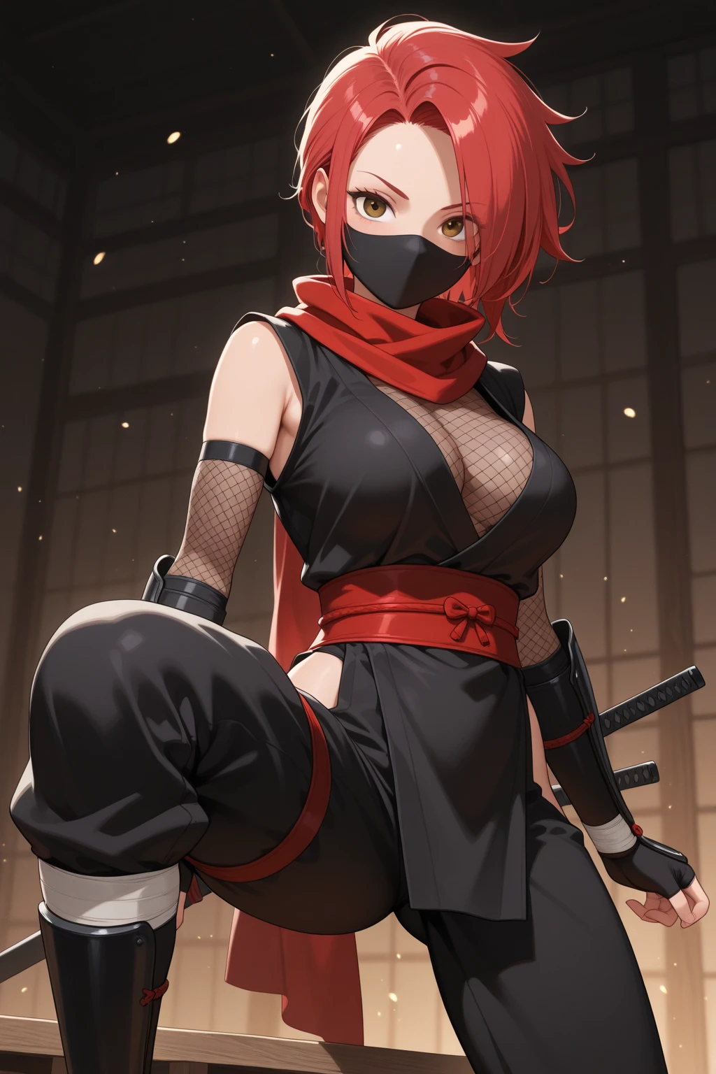 Girl with black mask on her mouth , red hair tied with bangs, with sexy transparent ninja outfit showing her breasts, it&#39;s a katana, in old Chinatown at night with moon in the background