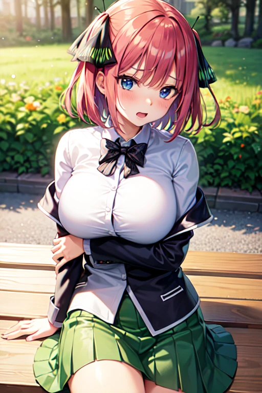 masterpiece, Highest quality, High resolution, Nakano Nino, One person, alone, Pink Hair, short hair, Big Breasts, Butterfly Hair Ornament, Large Breasts, Cleavage, Green Skirt, White shirt, Collared shirt, Open clothes, Black knee socks, Short sleeve, Skirt Lift, View your viewers, Irritation, blush, whole body, Are standing, Simple Background, Put your arms behind your head, (Sexy pose:1.4)