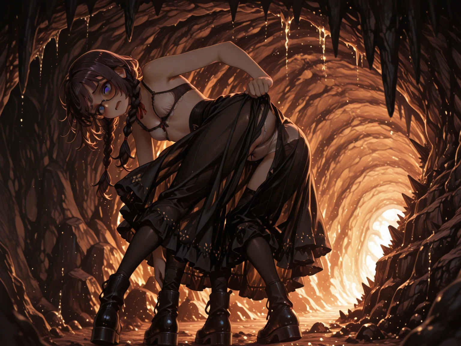 1Elf slave girl with redhair standing in front of wall, chained to wall, hands attached to wall, arms raised, girl standing, naked, big breast, puffynipples, girl chained in dungeon, dark and dirty dungeon, embarrassed and crying face, mouth open, eyes closed, tears, stone walls, chains, shackles, dark and humid environment, shackles on wrists and ankles, spread legs, wet pussy