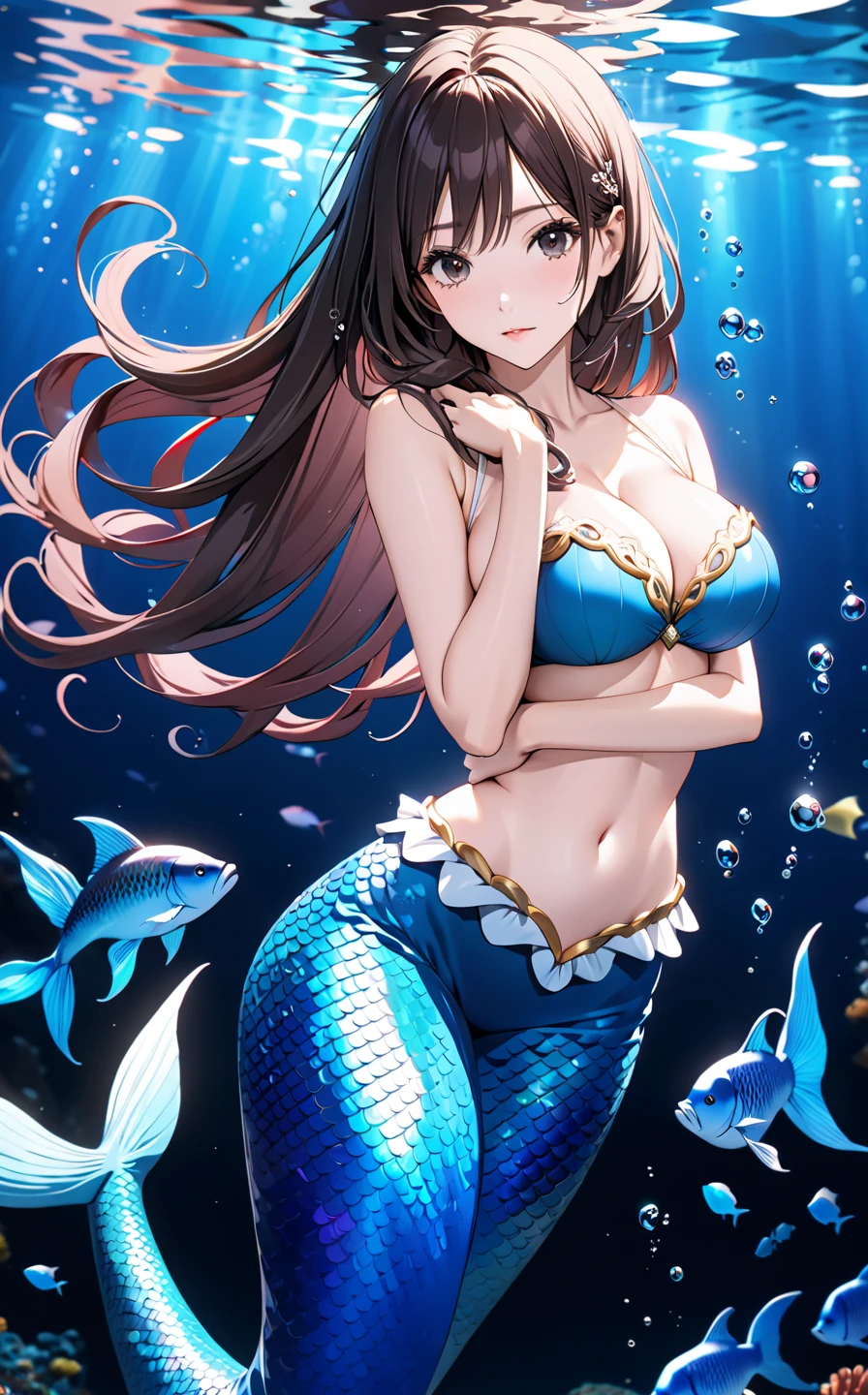 Misaka Mikoto、girl, brown hair, mermaid、Ocean、UHD, retina, masterpiece, anatomically correct, textured skin, high details, best quality,
