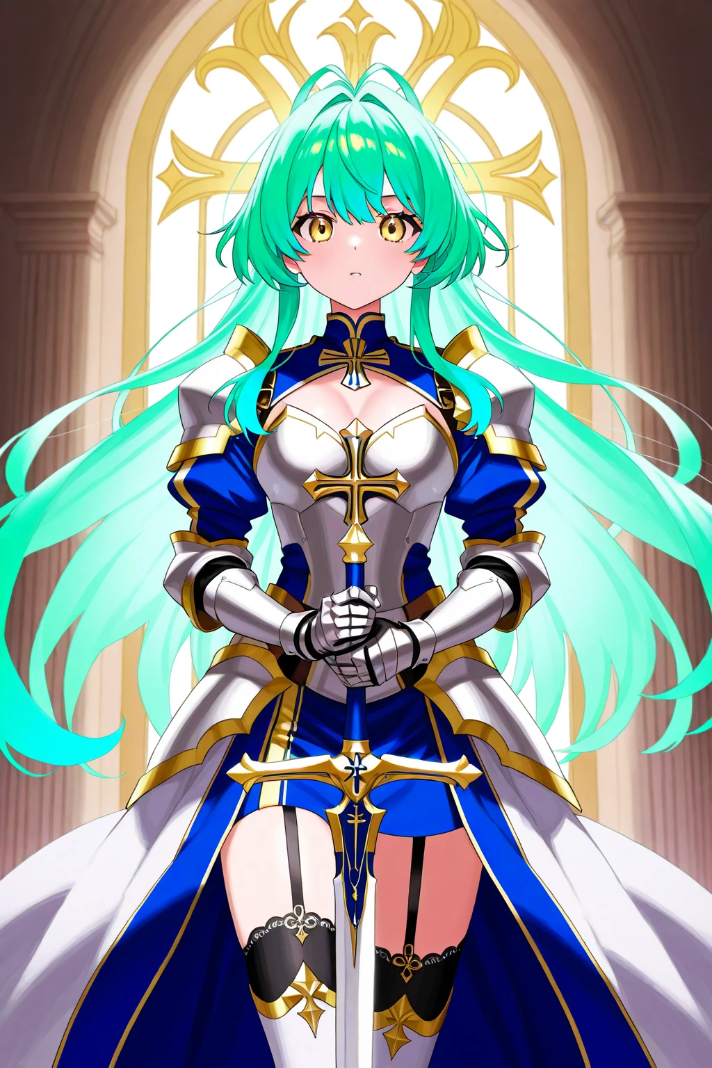 masterpiece, Highest quality, 8K Hatsune Miku VOCALOID, Light blue hair、Bright Blue Eyes、 1 female, Big Breasts, Equip Cloak, ((The armor is white and gold))、((Gold sculpture)), {{Full Armor}}, ((knight armor)), black tights, church