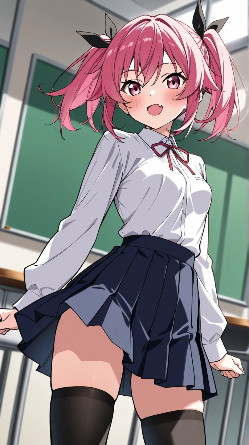 Highest quality, High resolution,  Pixel Perfect, 4K, (Beautiful Anime Girls), (Perfect hands:1.5), (Perfect Fingers:1.5), Written boundary depth, Observe the audience, Perfect body, yuigahama yui, Brown eyes, Detailed eyes, Single hair bun, (Big Breasts:1.2), Red ribbon, White shirt, Black jacket, Check skirt, School classroom, smile, blush, (Lift up the skirt:1.5), (Wide pelvis:1.5), (Thick thighs:1.5), (Pink Panties:1.5), (Crotch up from below:1.5)