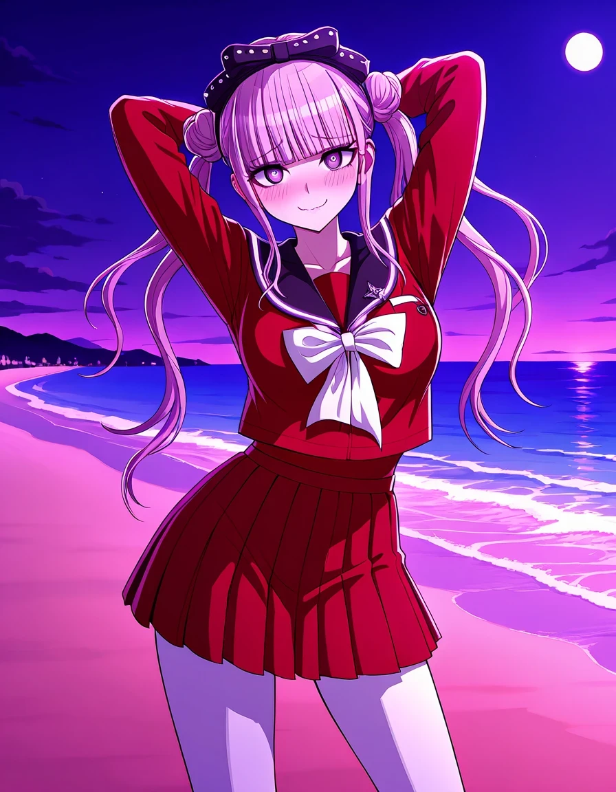 kako, pink hair, purple eyes, twintails, double bun, bow, blunt bangs, red serafuku, black sailor collar, red skirt, white pantyhose, game cg, high quality, closed mouth, solo, cowboy shot, night sky, beach, arms behind head, ((contrapposto)), looking at viewer, wavy mouth, shy, smile, best quality,