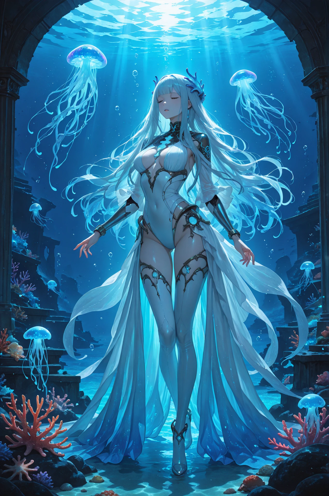 high details, best quality, 16k, [ultra detailed], masterpiece, best quality, (extremely detailed), dynamic angle, ultra wide shot, RAW, photorealistic, fantasy art, dnd art, rpg art, realistic art, an ultra wide picture of a sea elf (1.5 intricate details, Masterpiece, best quality) water mage casting ((water control spell)), water wizard ((water magic, intense magic details)), (( controlling a swirling mass of water)), magical symbols, female sea elf, blue skin, green hair, long hair, swirling hair, intense eyes, small pointed ears, ((blue eyes)), ((glowing eyes)), armed with magical wand, wearing sea shell clothing, beautiful elf, underwater background, rich underwater life, ((magical atmosphere)), fish and sea weeds, high details, best quality, highres, ultra wide angle