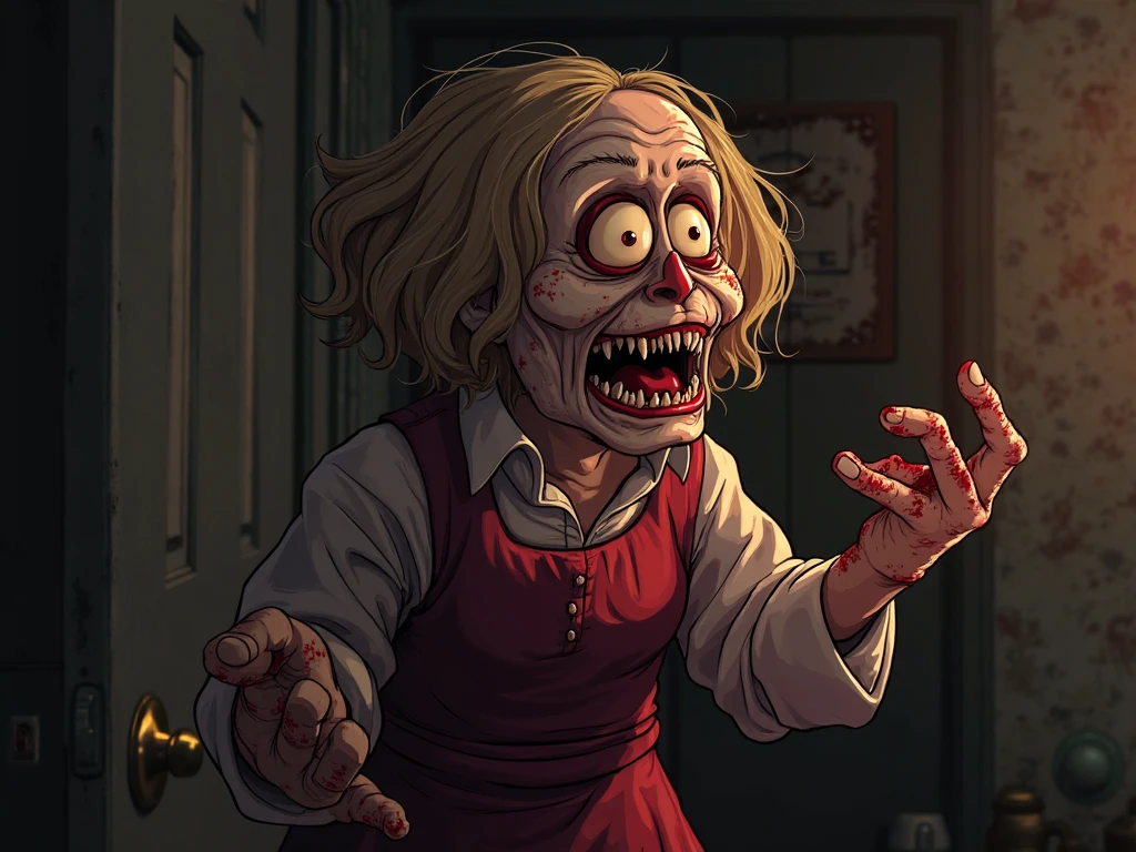 <lora:Everly Heights Comics:1> A 1990s high school attractive teacher with a perm hanging on a chain, wearing a patterned sweater vest over a collared shirt, shouting for her zombie students below to save her.