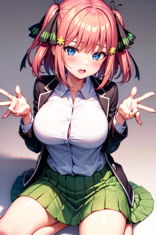 masterpiece, best quality, highres, Nakano nino, 1girl, solo, pink hair, short hair, busty, butterfly hair ornament, large breasts, cleavage, green skirt, white shirt, collared shirt, open clothes, black thighhighs, short sleeves, skirt lift, looking at viewer, annoyed, blush, full body, standing, simple background, arms behind head, (erotic pose:1.4)