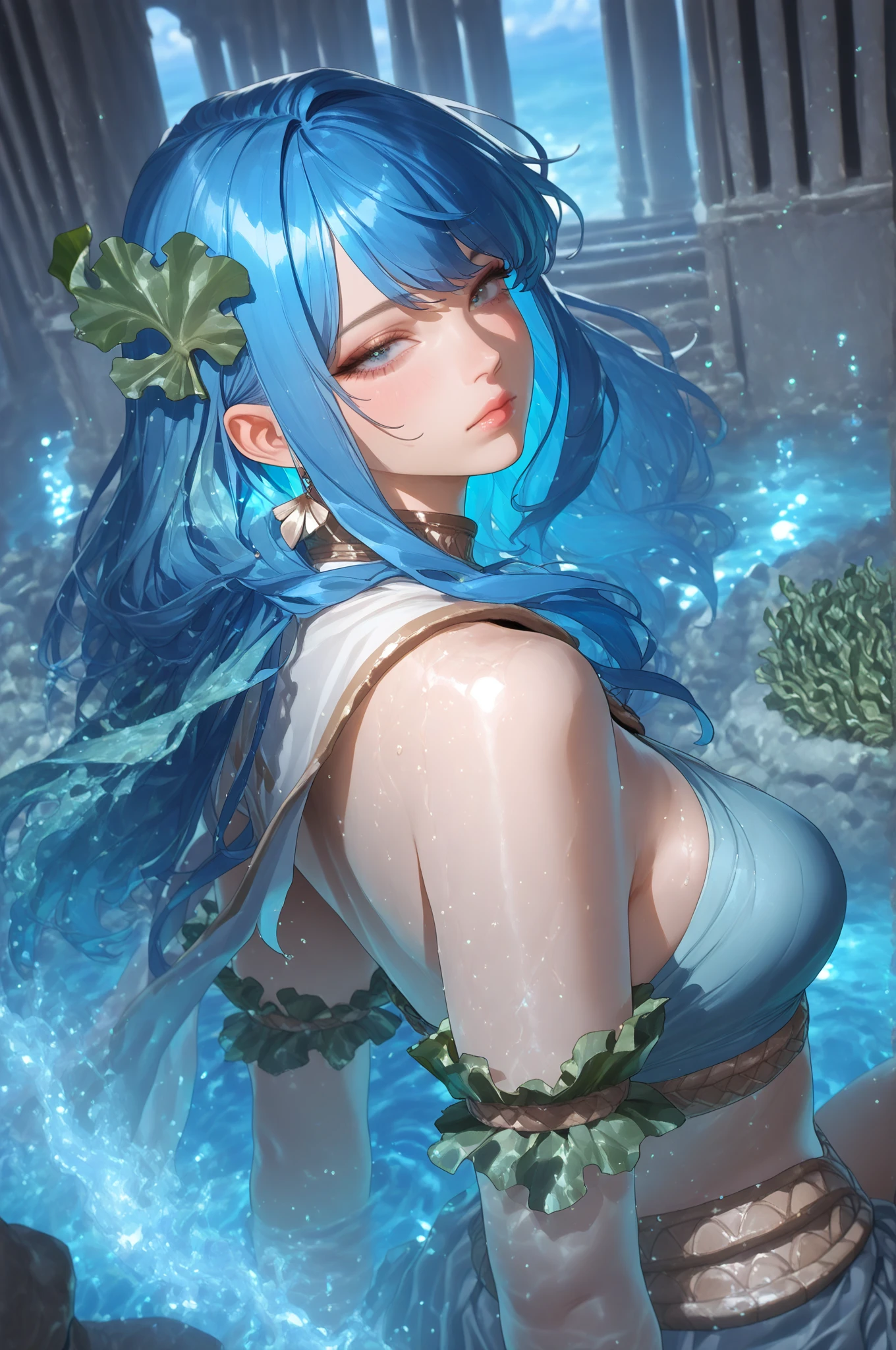 Blue vibrator in hand, masturbation masturbation, lewd water, ahegao, euladef, solo