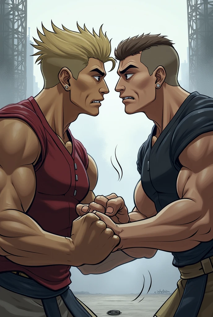 Side view, 2men, Handsome muscular shirtless blonde man laughing,hands above head and feet in stocks,ribs tickled by handsome ginger haired muscular shirtless man wearing glasses, armpits tickled by ghostly hands, feet tickled by feathers, back tickling, nipple tickling by feathers, dungeon background ,