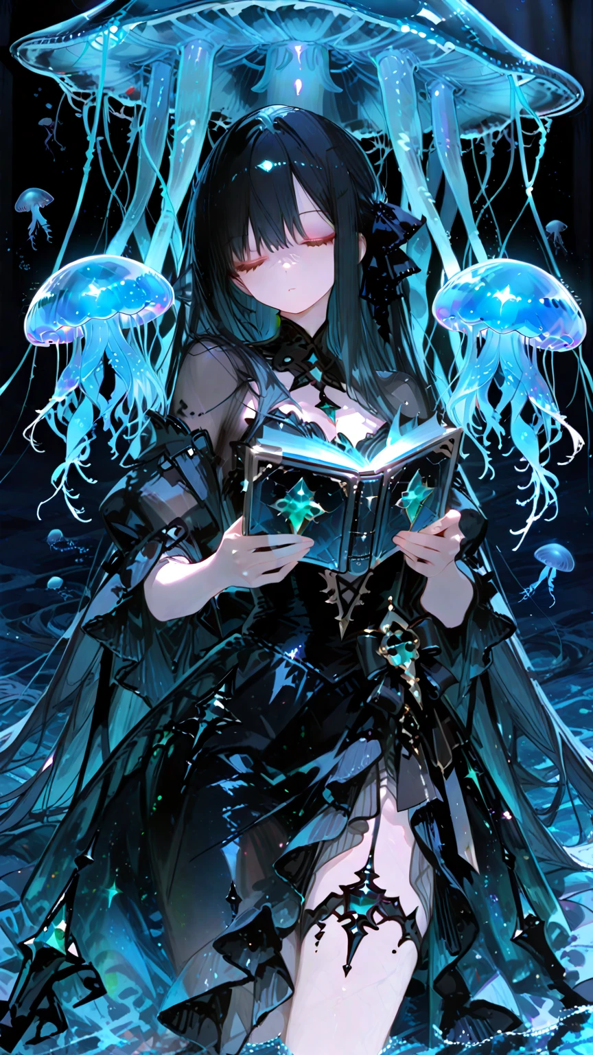 (best quality,4K,Very detailed,Practical:1.2),Mysterious astrologer girl,Pale skin,Long black hair fluttering in the wind,Shiny glasses lenses, A glowing sphere floating,Emerald eyes,Sharp eyes,The strange tattoo on her arm,Crystal Ball,Skull and five-pointed star decoration,Tarot,Mysterious symbols,Dramatic Lighting,Gothic,Black lace dress,Gorgeous jewelry,Feather hair accessories, Dark and scary atmosphere,