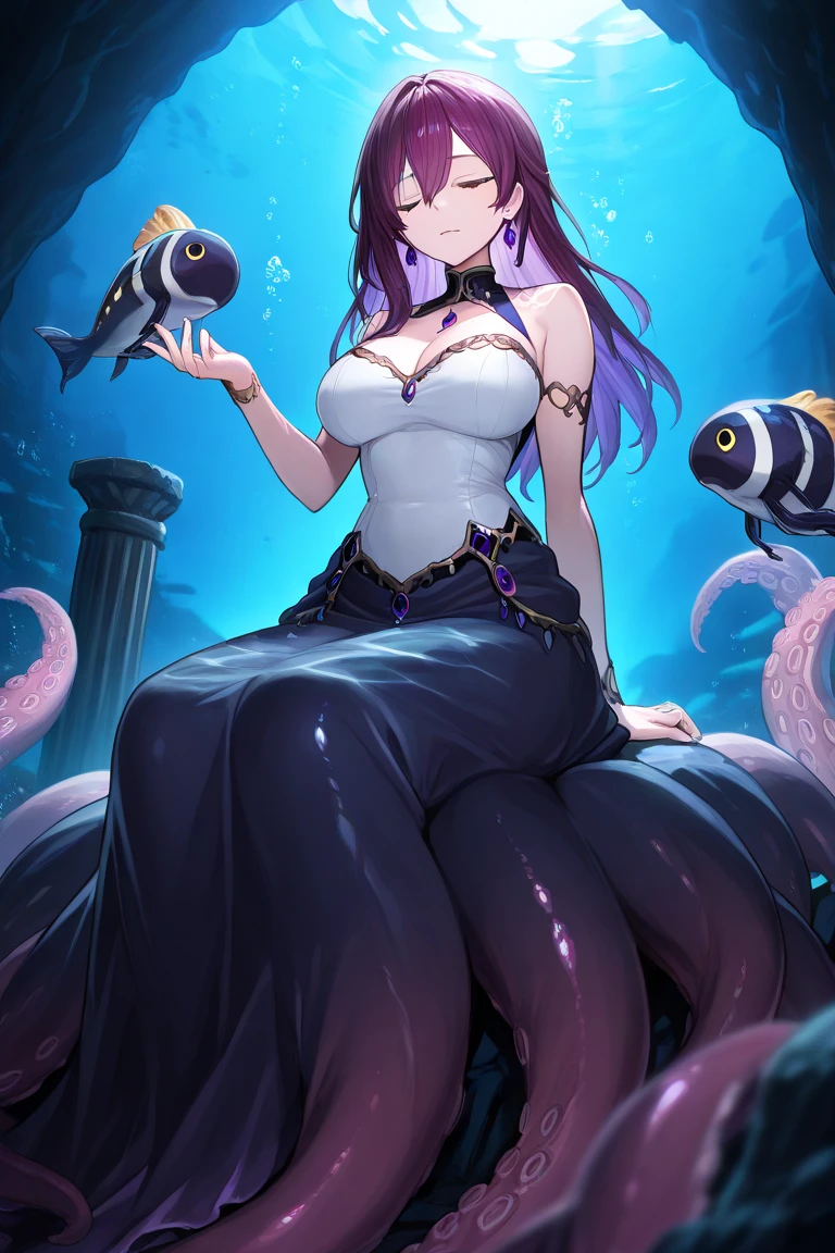 a queen of octopuses wearing a crown on her head. She has eight tentacles with suckers and her eyes are large and bright. Her skin is a deep shade of purple and her crown is made of shells and pearls. She is sitting on a throne made of coral and seaweed, with the ocean in the background