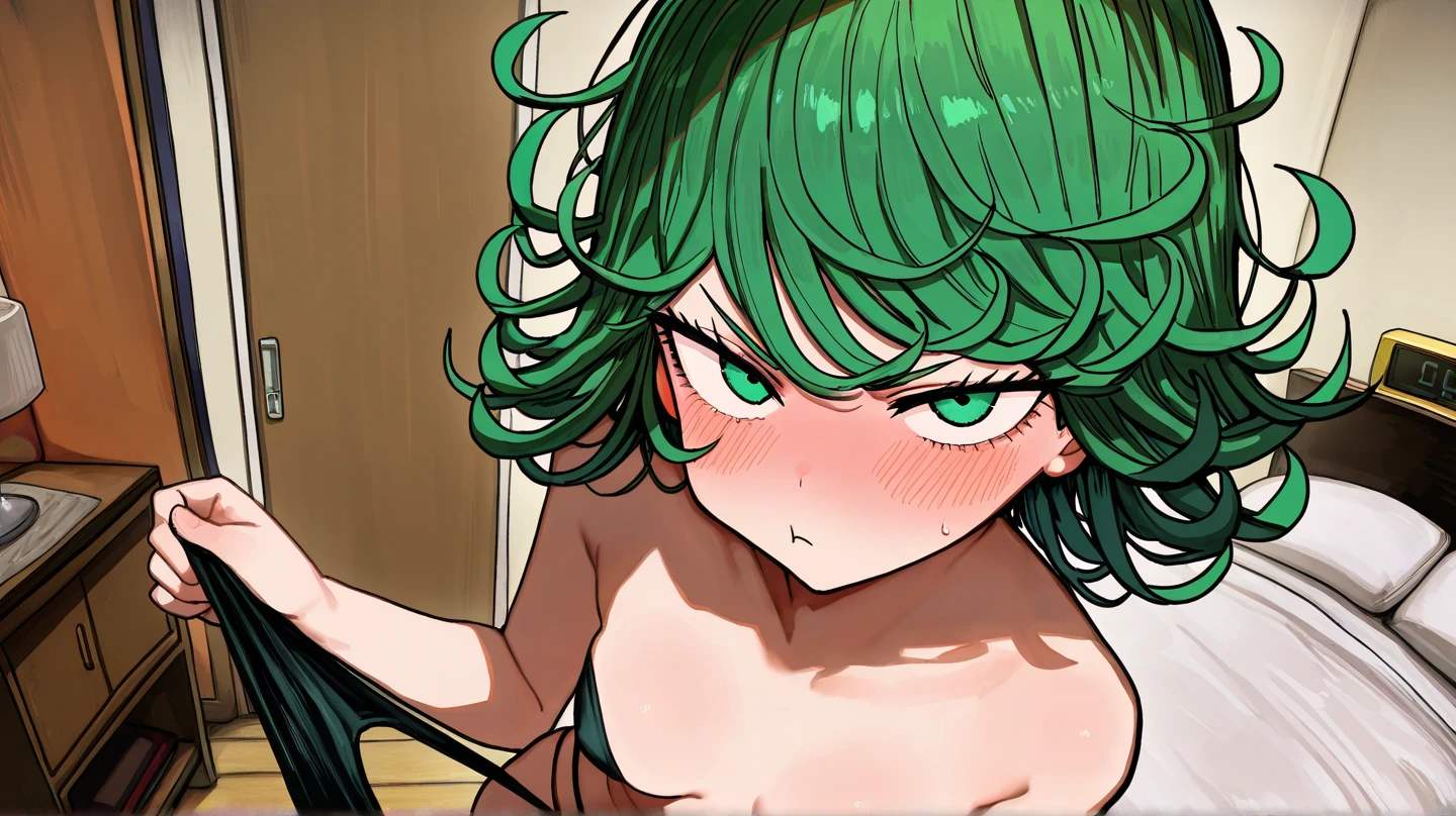 (obra de arte, melhor qualidade:1.2), Sozinho, 1 garota, Tatsumaki, lascivo, boca fechada, Olhando para o visualizador, It is, quadris largos, pelada, nudes , Erotic, puppy position, em um quarto