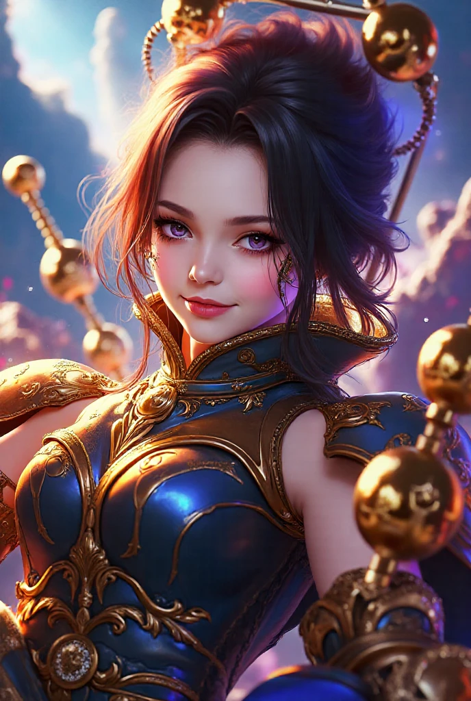 ((masterpiece, best quality)), highres, 8k, cinematic light, high contrast, depth of field, intense glow, detailed background, 1girl, cute, detailed eyes, sparkle in eyes, detailed iris, grin, stylized, open mouth, fang,