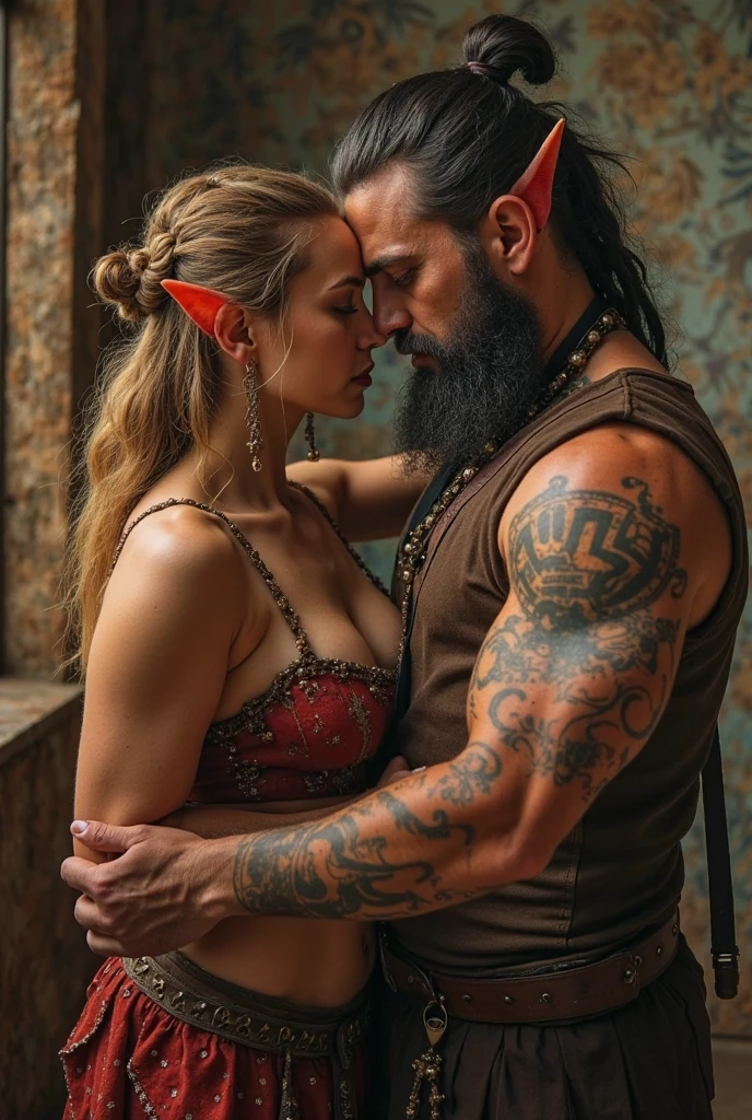 Sacred rebels, an extremely attractive couple. Dark bearded handsome bald shaman man with muscular upper body bare. Blonde fairie-like extremely sexy yogini woman dressed in flirtatious pink skimpy underwear, perky big breasts, plenty of cleavage, hourglass body. Lots of hippie style jewelry. Side by side, touching each other sensually, facing the camera, looking into the camera.