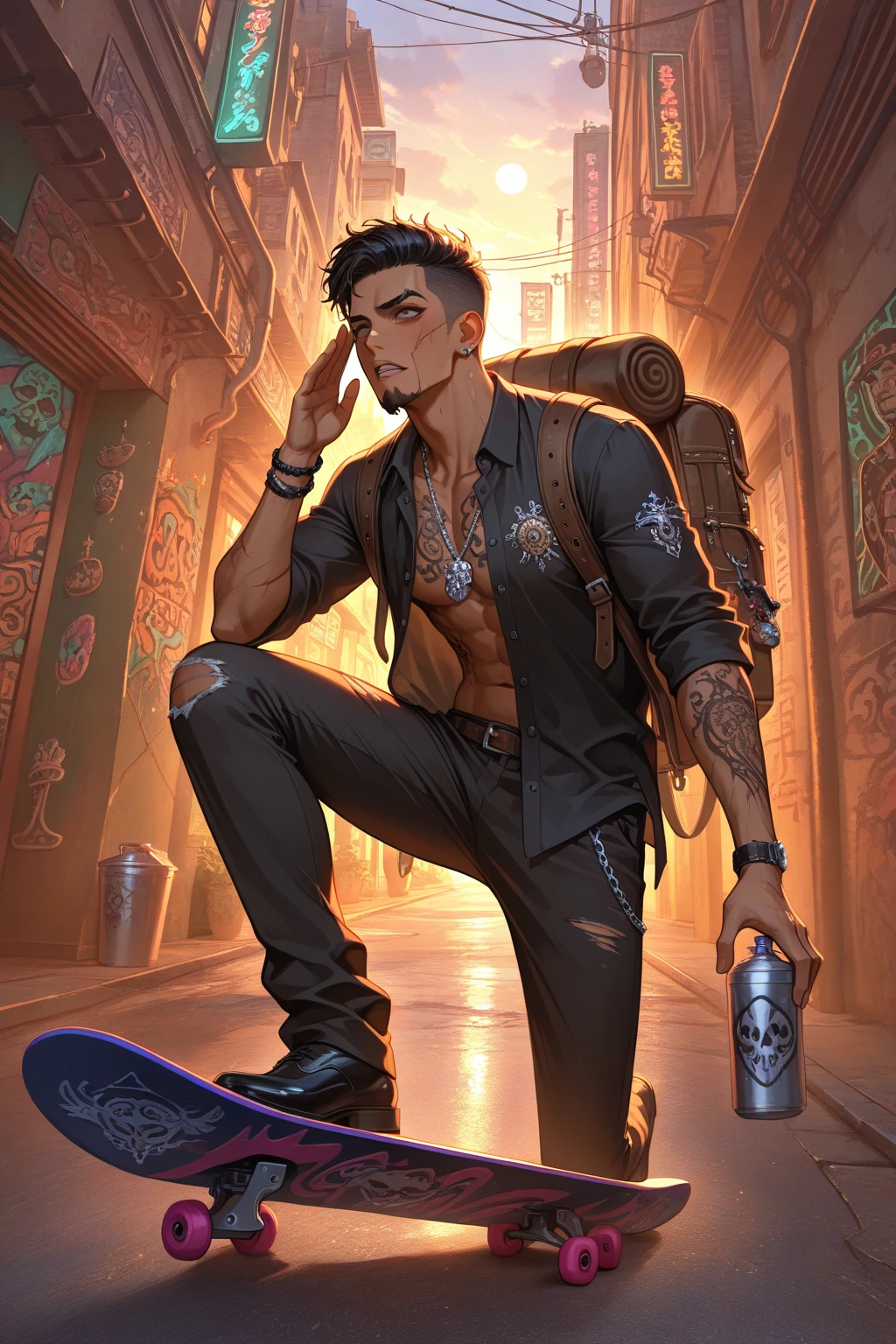 Realistic Digital Painting with Concept Art Elements"," digital painting," "concept art," "realistic," "high detail", "1boy", "muscular",, "high-res", "ominous aura,", "8k resolution", "oil painting", "darker tone" , "little saturation" ,"dark feeling", "dirty artsyle", "concept art" , "1man" , "muscular body type" , "sitting on a computer chair" , "looking at a monitor" , "monitor lighting the room with its glow" , "tight-shirt" , "upper body side shot" , "scars over arms", "shorts", "cold eyes" "stubble beard( facial hair which is a short growth of beard, aimed to project a rugged masculine or deliberately unkempt appearance)" , "intimating looking" ,