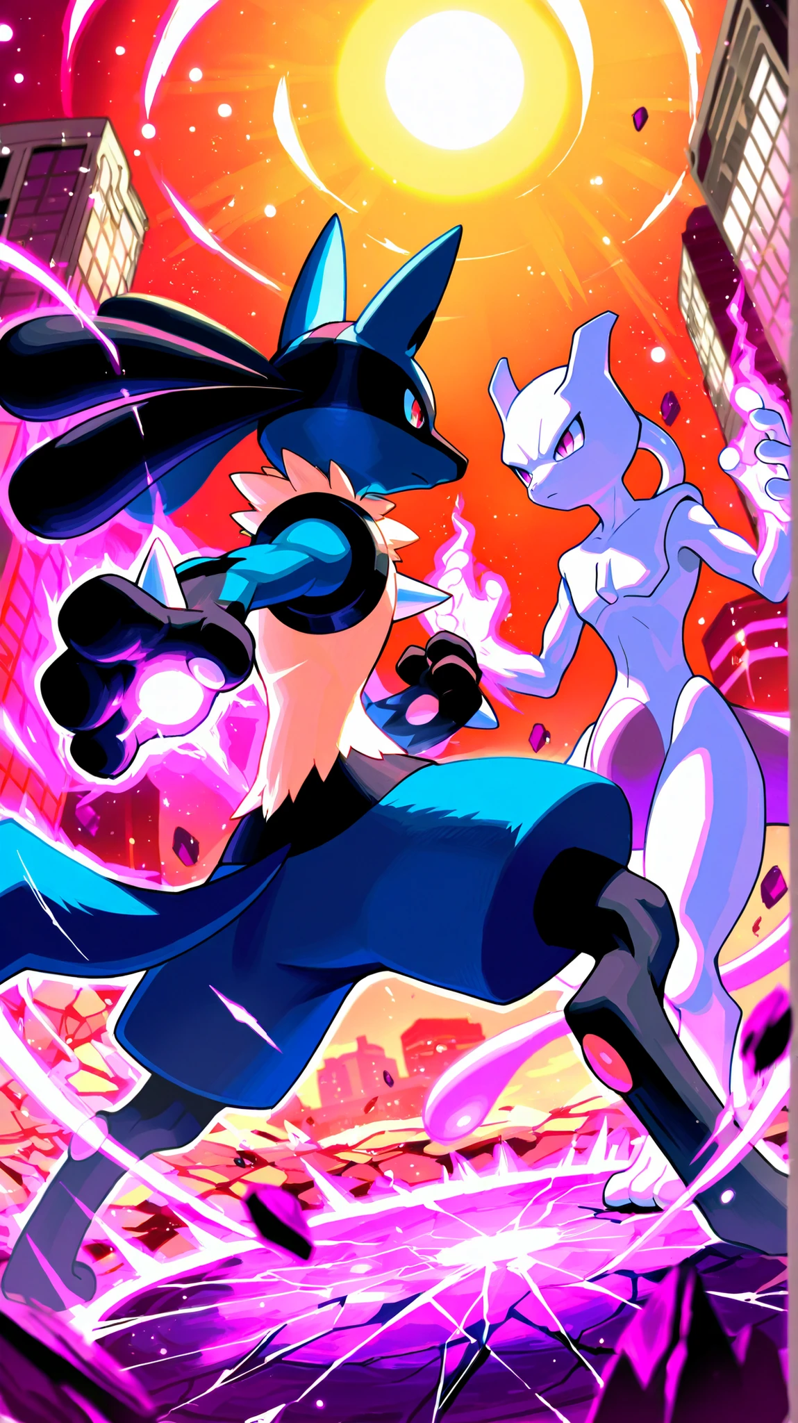 Side view of Mega Lucario and Mewtwo facing each other in a shattered arena at sunset. Lucario glows with aura energy, stance low and ready to strike. Mewtwo levitates slightly, eyes glowing purple, building psychic energy. Cracked ground, floating debris, energy particles in the air. Warm sunset light mixed with glowing aura and psychic effects.