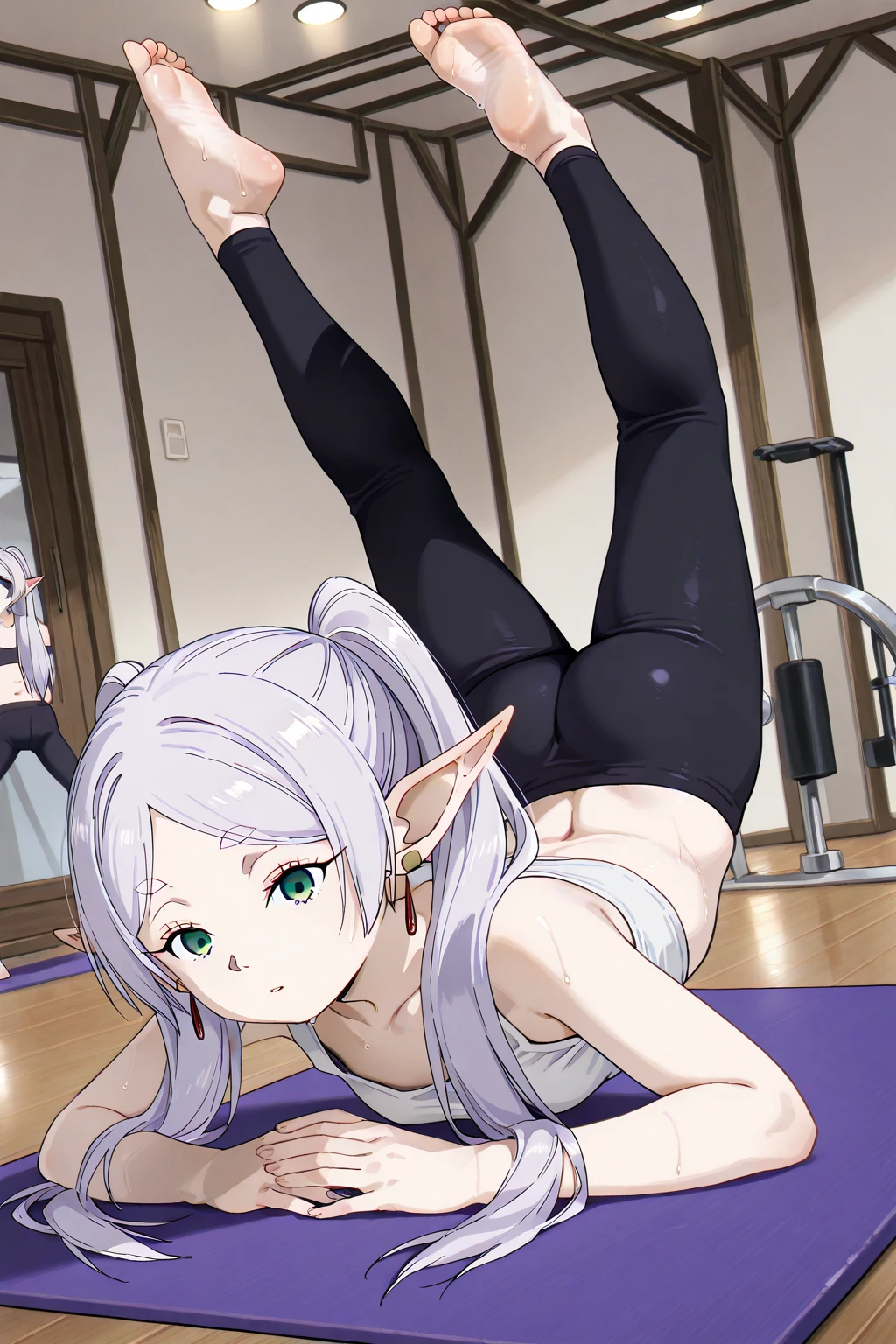 standing split, standing on one leg, standing,, leg up, navel, split, blurry background, , smile,embrased, red blush,  bow,  gym, looking at viewer, blush, sweat, solo, sports bra, 1girl, ,small breasts,wet body, Small breasts ,elf,white hair,grey hair,earrings,pointy ears,long hair,ponytail,green clean eyes, clean eyes, twintails,parted bangs,thick eyebrows,