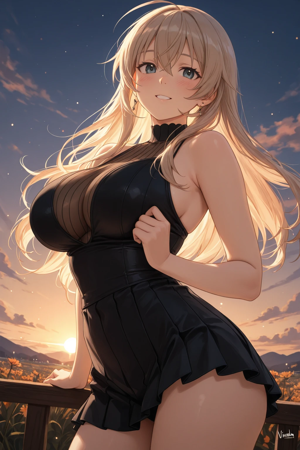 a naked girl with white hair and large breasts stands against the backdrop of a beautiful sunset in a field and looks into the distance