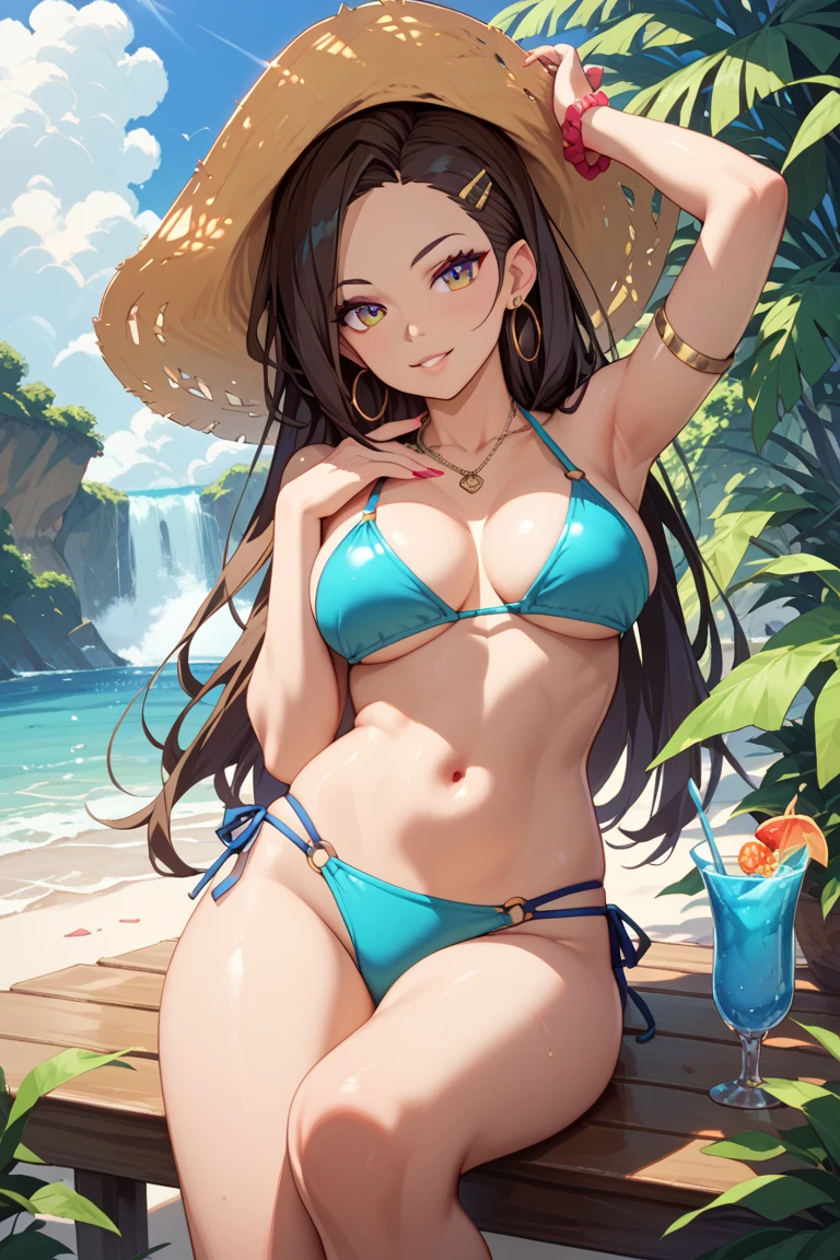 High resolution, high quality, 1 girl, anime girl, brown long hair, brown eyes,heart-shaped pupil, Green glasses, tanned skin, big breasts,beautiful breasts, (big ass),beautiful butt,白いスクールwater着,squat,(drink a lot of juice),(inflate one's stomach),(put your hand on your crotch),(lemonade),(lemon juice),(orange juice),(mango juice),(Binapple juice),(water),at the cafe,