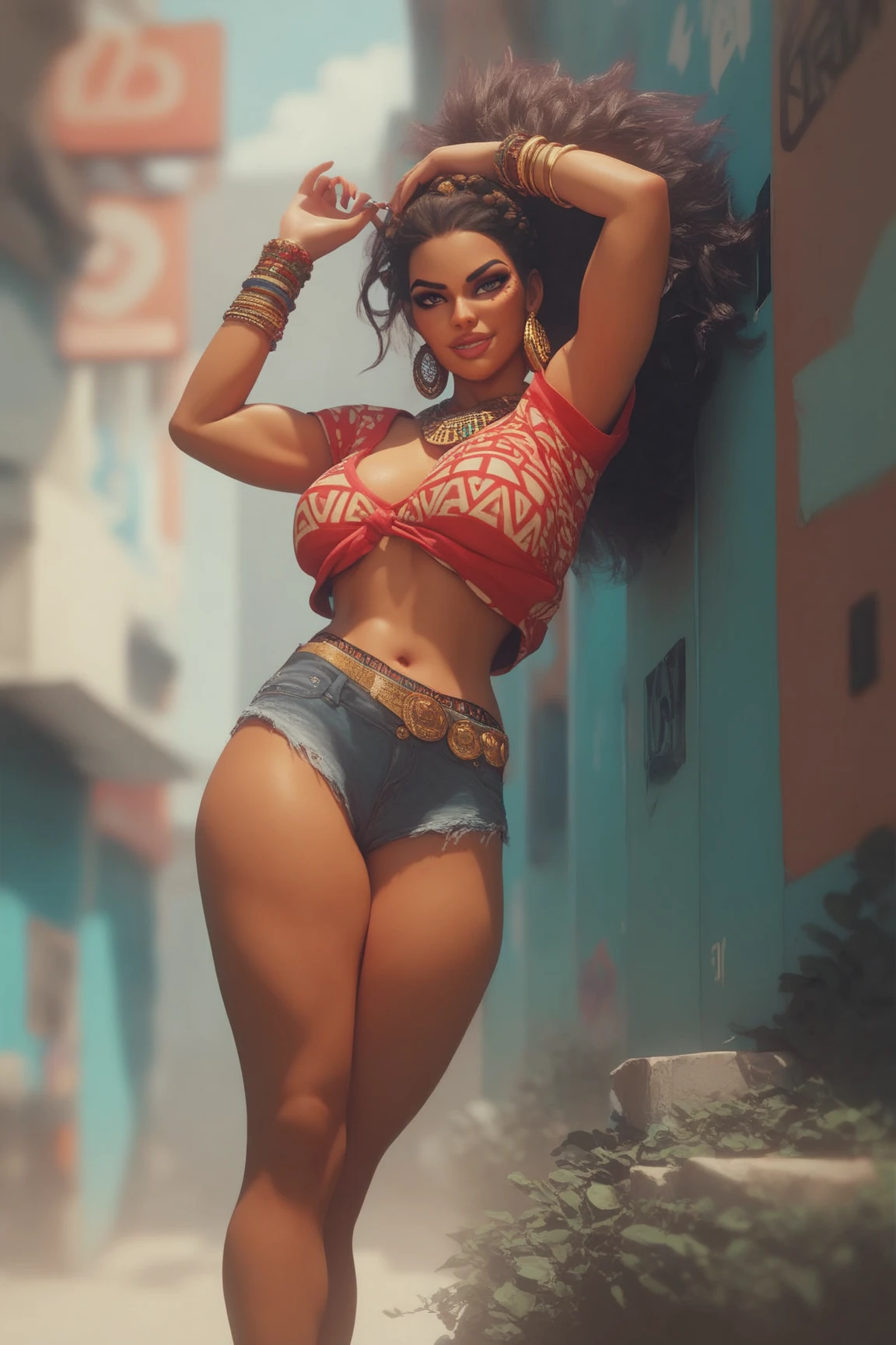 curvy "[rihanna]", expressive almond eyes, thick eyebrows, ruined makeup, short curly hair, ((voluptuous muscles)), (perfect abs)), flushed cheeks, (perfect full breasts, big huge tits:1.4), (wide hips:1.2), (big round firm ass:1.4), very sweaty black skin, (wet body:1.6), body oil, wearing sloppy white "baby-doll" tearful revealing, (((Cameltoe visible:1.2))), walking down a busy urban street ((crowded street of women)), very hot weather, relaxed, smiling happy, having fun, happy, nasty, lewd, Artstation, CGSociety, realistic, ultra-detailed, sharp focus, intricate details, Ross draws, 8k