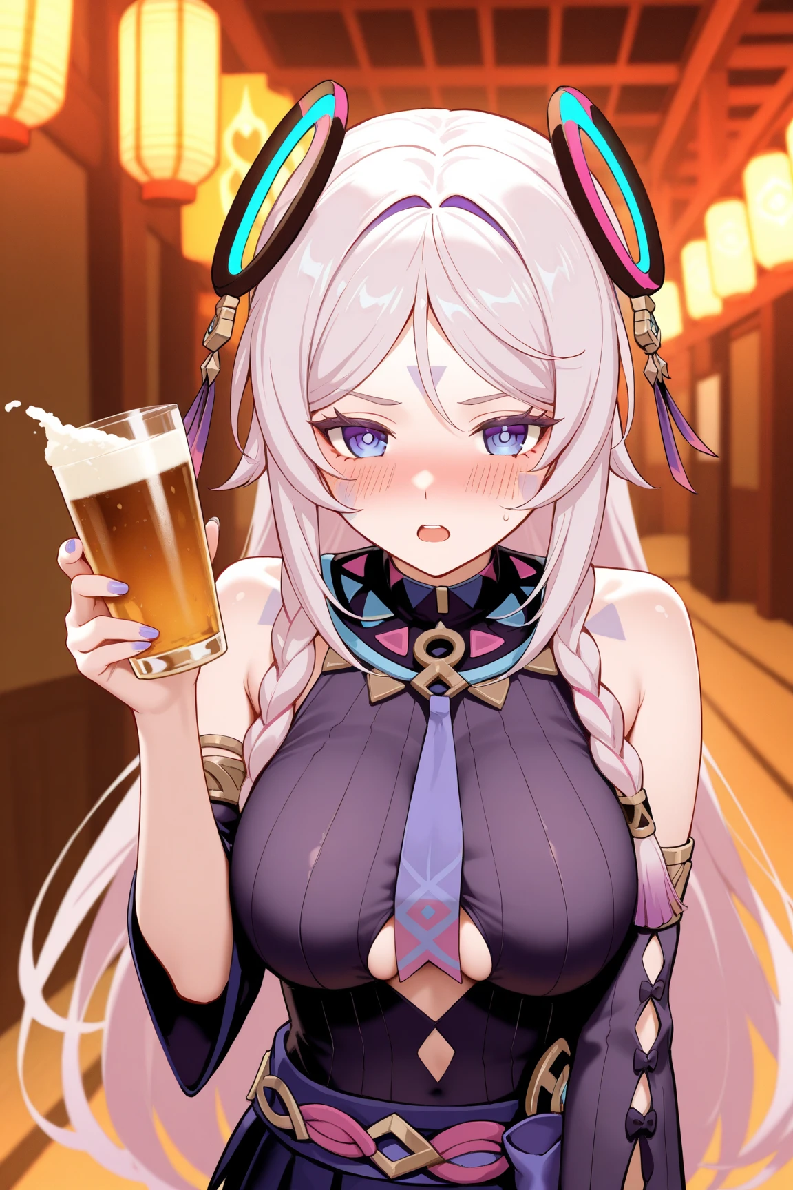 Erotic Anime Illustration、High resolution、A plump gal seduces at a party on a ship、gathered skirt、super sonic、beautiful eyes、Ecstatic smile、Overwhelming huge breasts that go beyond common sense、thick legs with fat、perfect proportions、cowboy shot、expose the vagina