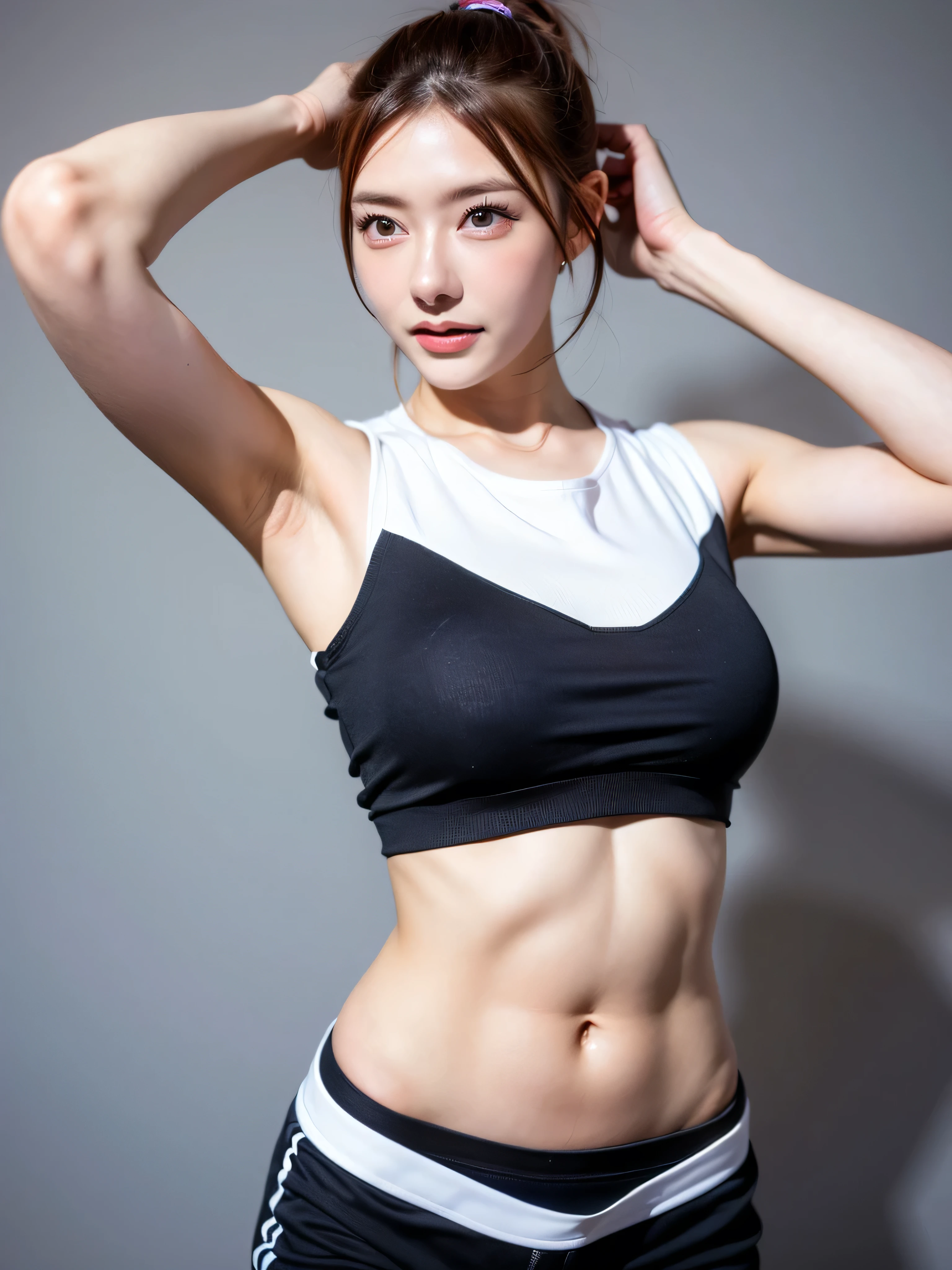 (solo), (a detailed full body RAW photo of a girl), (masterpiece:1.0), (best quality:1.4), (ultra highres:1.2), (photorealistic:1.4), 8k resolution, Canon EOS R5, 50mm, absurdres, ultra detailed, (20 y.o), sharp focus, cinematic lighting, detailed beautiful face, (makeup:1.2), (ulzzang-6500-v1.1), petite figure, detailed skin texture, pale skin, flat chest, (skinny and fit body:1.3), thigh gap, detailed brown hair, sweltering,(very messy hair:1.5), (Avril Lavigne:0.7), smiling, (sports bra, sports leggings:1.4), realistic glistening skin, (bedroom:1), (cameltoe:1.3), (sweating:1.45), slim waist, seductive ,smile,training,gym , background a view from below that shows sky above and open field below), (full moon:1.2), ( shooting stars:0.9), (nebula:1.3), distant mountain,