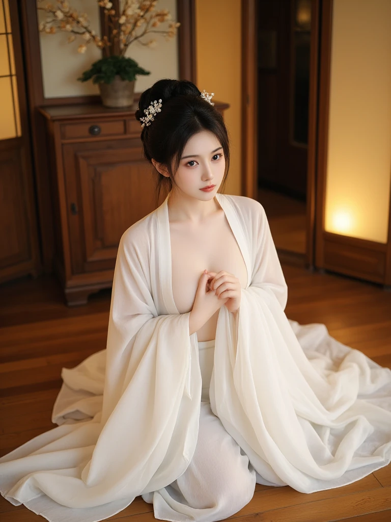 ulzang-6500-v1.1,(RAW photo:1.2), (Photorealistic:1.4), Beautiful Meticulous Girl, very detailed eyes and faces, Beautiful detailed eyes, absurderes, unbelievable Ridiculous, hugefilesize, ultra - detailed, A high resolution, The is very detailed,best qualtiy,tmasterpiece,kemomimi,((Middle-aged women wear Hanfu,silkouette,Lace)),Wearing Chinese Hanfu,((Red lace stockings))Lively posture,facing to audience,Charming,Stunner,Large breasts,The is very detailed,Viewer's POV,CG,unified,8k 壁纸,Amazing Cleavage,finely detailled,tmasterpiece,best qualtiy,The is very detailed的 CG unified 8k 壁纸,light in face,cinmatic lighting, 1girll,(full body2.0),Raised sexy,cropped shoulders