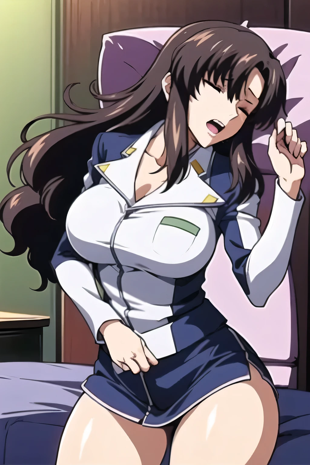 anime coloring, masterpiece, best quality,  sittingblowjobquiron, penis, erection, 1boy, 1girl,  pose, chibase,  large_breasts, [shirt:1], cleavage, ponytail, formal, suit, breast_hold, , hairclip, brown_eyes, [jacket:1], scrunchie, bangs, pencil skirt, thighs, stting  on bed , spread legs, indoors, bedroom, bare legs, barefoot, [striped panties:1], thigh gap, groin tendon, cameltoe, cleft of venus, 
<lora:chabashira:0.8>  <lora:quiron_SittingBlowjob_v3_Lora:0.3>