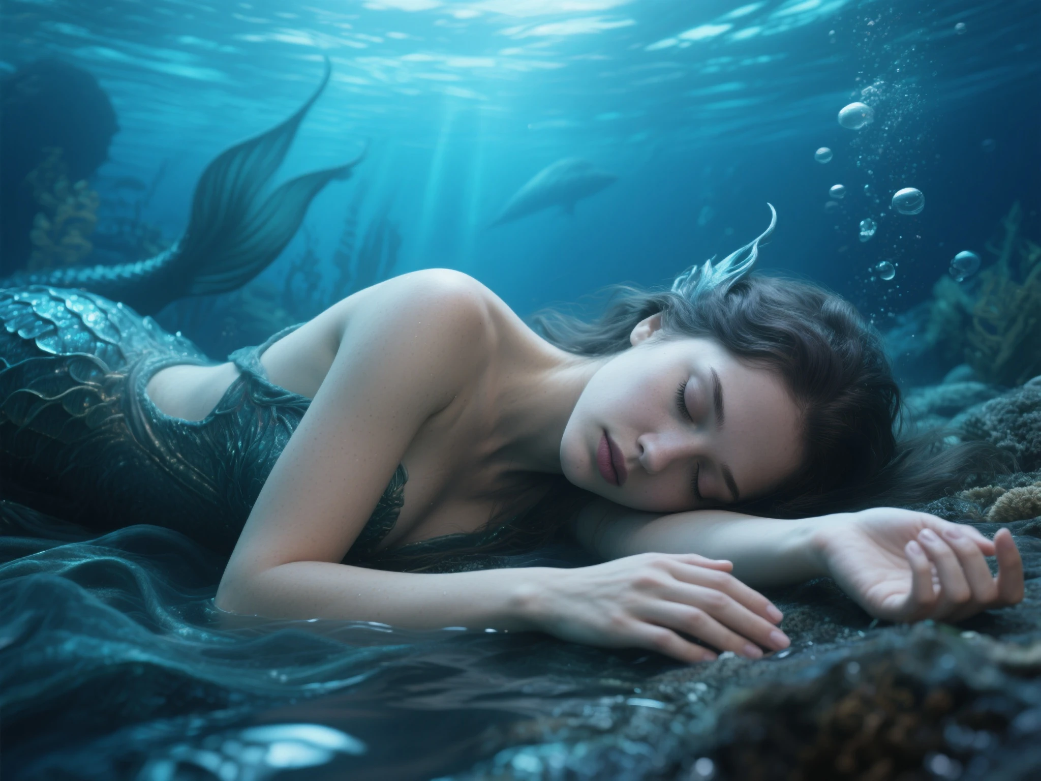 bottom: A beach with a melancholic tone, with the ocean and a magical atmosphere.
Main character: the mermaid, an ethereal character with shiny scales and a sad expression. Valeria is by your side.
action: the mermaid está sentada en la arena, crying, as Valeria approaches.
Additional Details: Add glitter or glow effects around the mermaid to emphasize her magical nature.