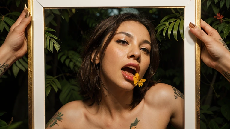 Brown skin woman in hipster underwear,brown skin at the beach, model posing,Brightly colored tattoos on arms and legs,(tattoo all:1.5),a black chair in front of a palm leaf wall mural, tropical palms, palm leaves on the beach, palm lines, palm, tropical leaves, fronds, palm pattern visible, palms, photo - realistic wallpaper, wall mural, interior background, wallpaper on the walls, wallpaper design, palm tree, high-quality wallpaper, tropical foliage, tropical mood, tropical trees,