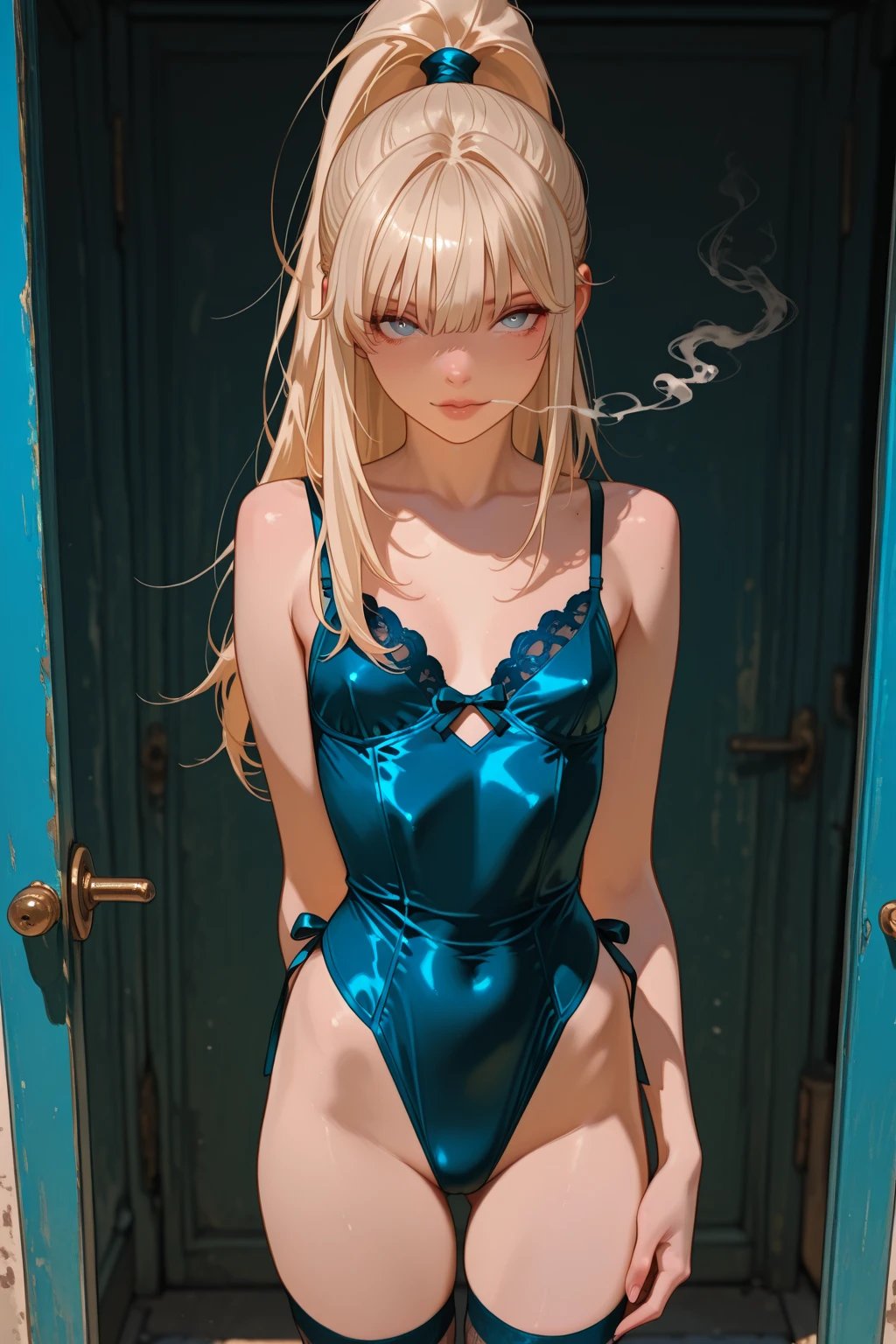 a sexy woman, soft light, (best quality), (masterpiece), (1girl), slim, anime, tall, (lingerie), (profile view), (green eyes), (flat chested), ()
