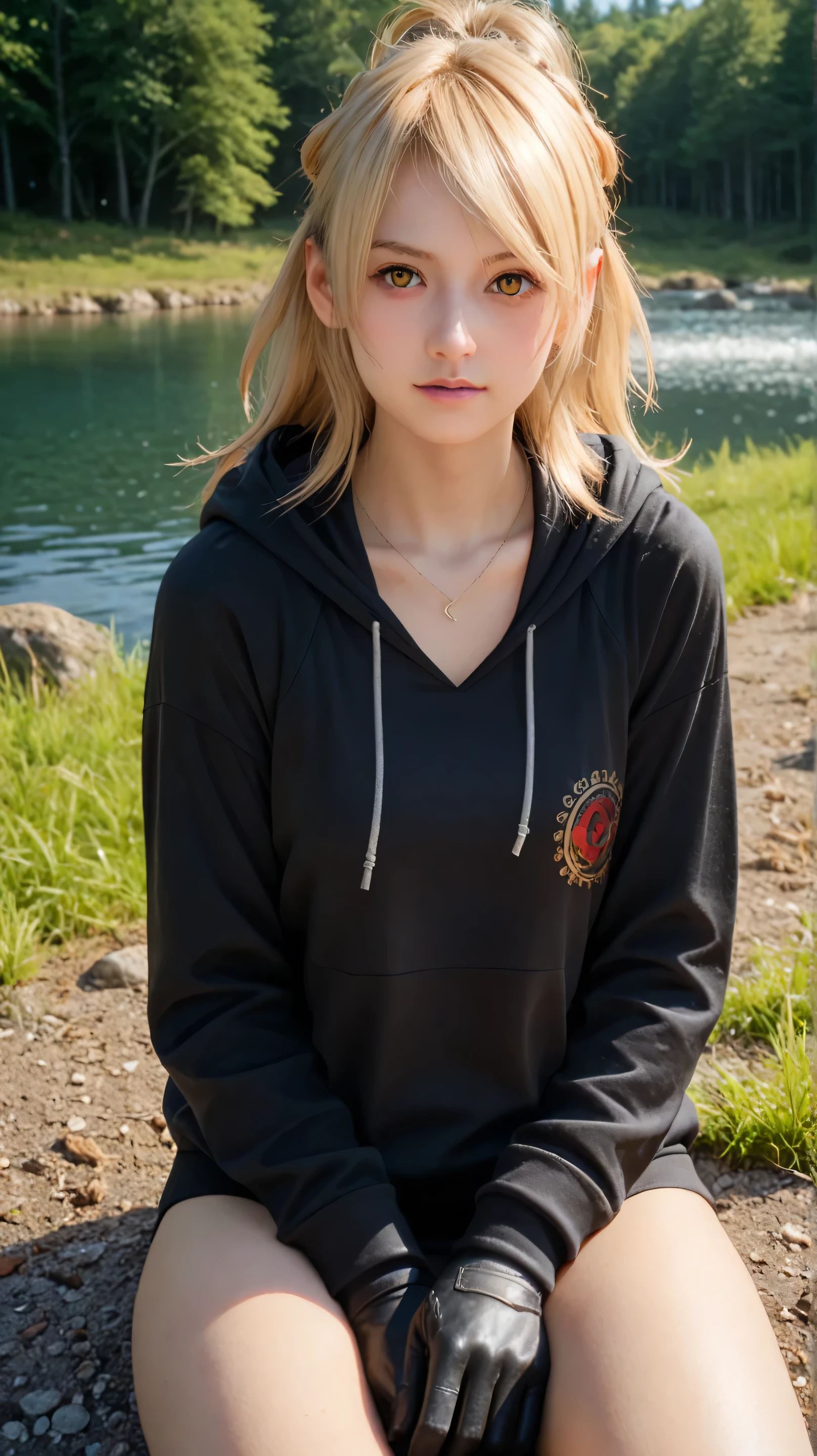 1girl, solo,Cagalli,golden eyes, blonde hair,long hair,outdoors,potrait,medium breast,nature,sitting on river,(hoodies:1.5), front view,black glove,ruby necklace,navel